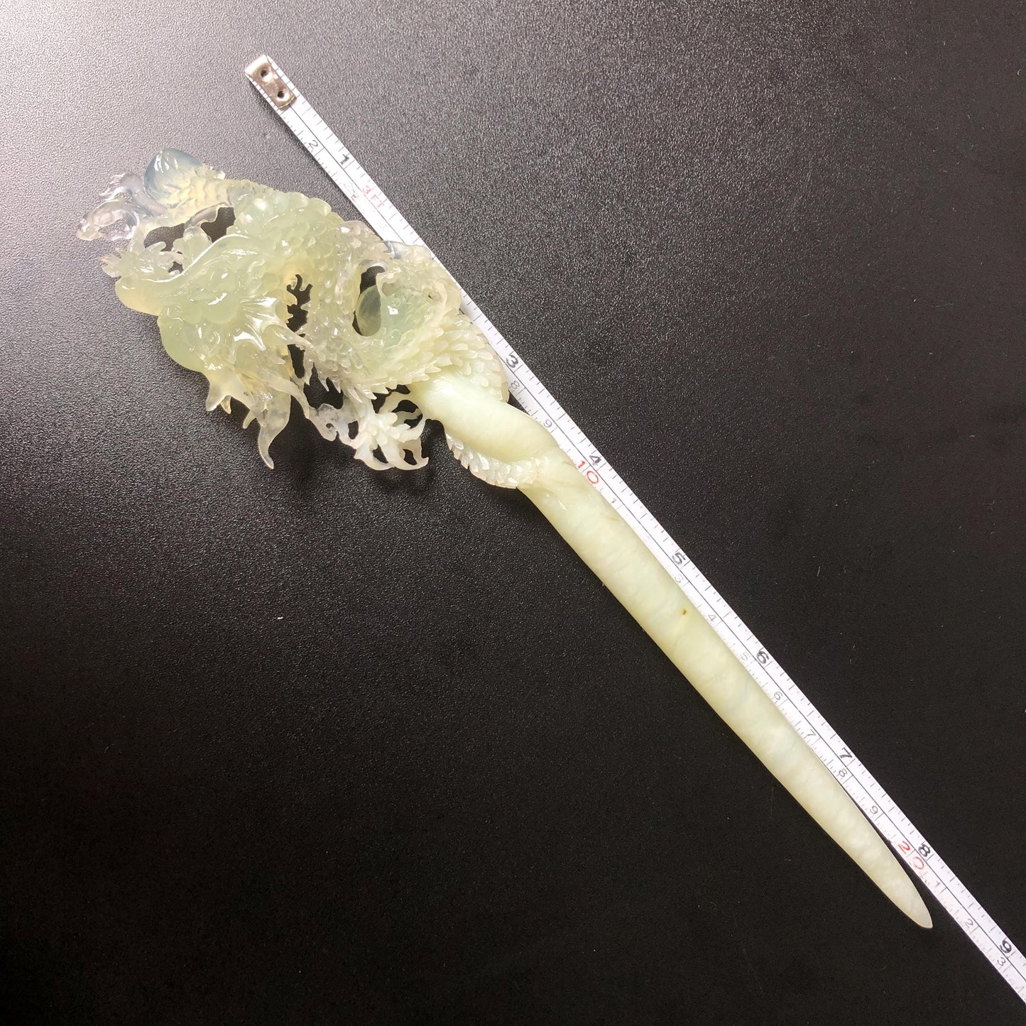 Xiu Jade Soaring Dragon Hand Carved Hair Pin: Natural Serpentine Ice Green White Jade Handcrafted Hair Stick Hollow Out Carving | Asian Vintage Hair Fork  Gift for her japanese hairpin korean hair stick hanfu hair fork vinatge hair comb antique hair pins dragon carving hand engraved dragon white jade green jade black jade carving hand carved dragon hair stick dragon lover gift handcrafted hair crown wedding headpiece 3D stone carving bridal hair jewelry