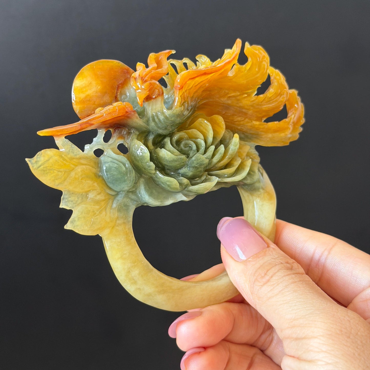 Xiu Jade Phoenix & Peony Hand Carved Hair Pin: Certified Natural Serpentine Multicolor Orange Yellow Green Jade Hanfu Handcrafted Hair Stick | Asian Chinese Vintage Style gift for her hand carved phoenix carving hand engraved phoenix hair stick phoenix carving red phoenix fire phoenix hair fork red jade orange jade yellow jade chinese jade with certificate korean hair pin japanese hair stick hair fork hair comb hanfu hair stick peony carving 3D stone carving bridal headpiece wedding hair jewelry