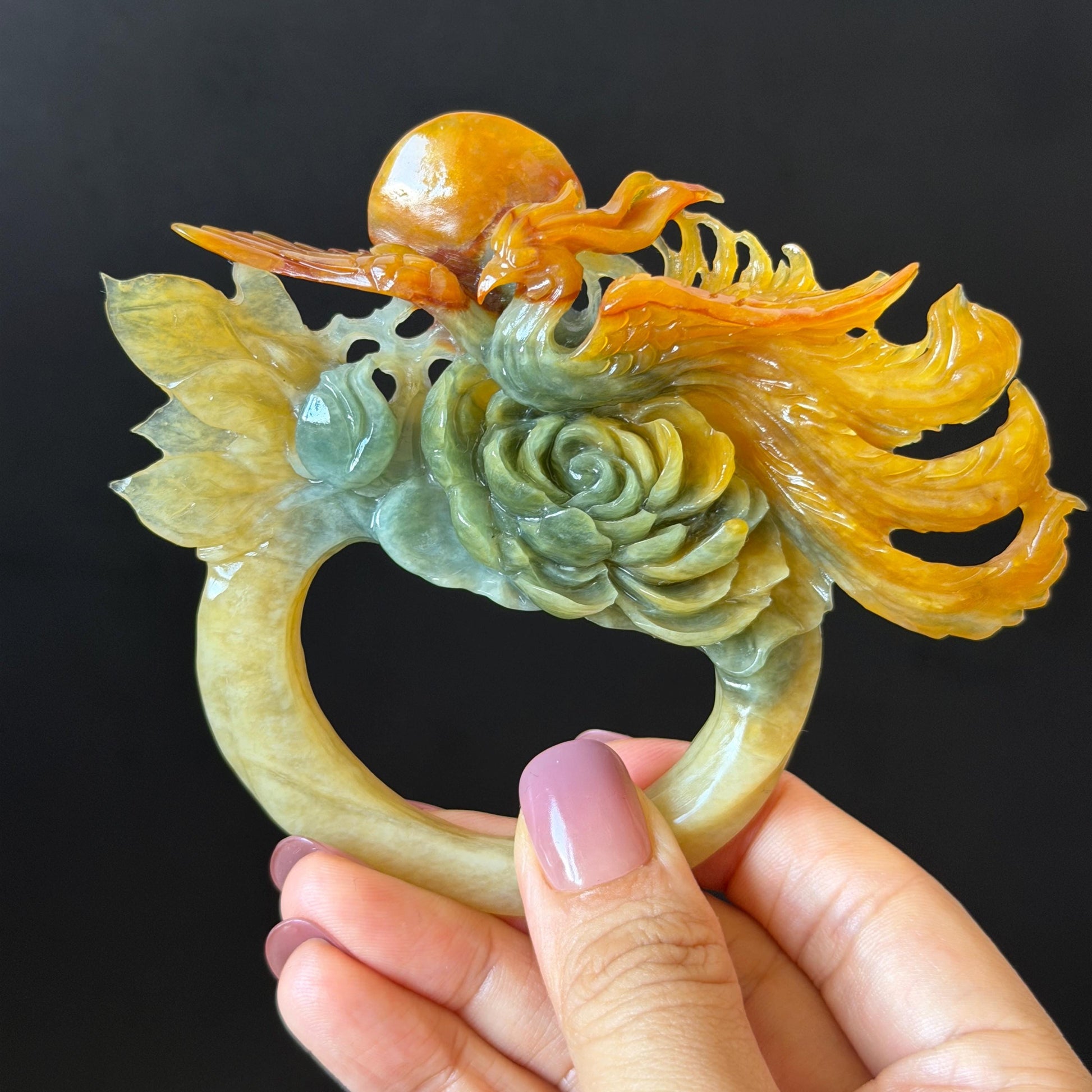 Xiu Jade Phoenix & Peony Hand Carved Hair Pin: Certified Natural Serpentine Multicolor Orange Yellow Green Jade Hanfu Handcrafted Hair Stick | Asian Chinese Vintage Style gift for her hand carved phoenix carving hand engraved phoenix hair stick phoenix carving red phoenix fire phoenix hair fork red jade orange jade yellow jade chinese jade with certificate korean hair pin japanese hair stick hair fork hair comb hanfu hair stick peony carving 3D stone carving bridal headpiece wedding hair jewelry