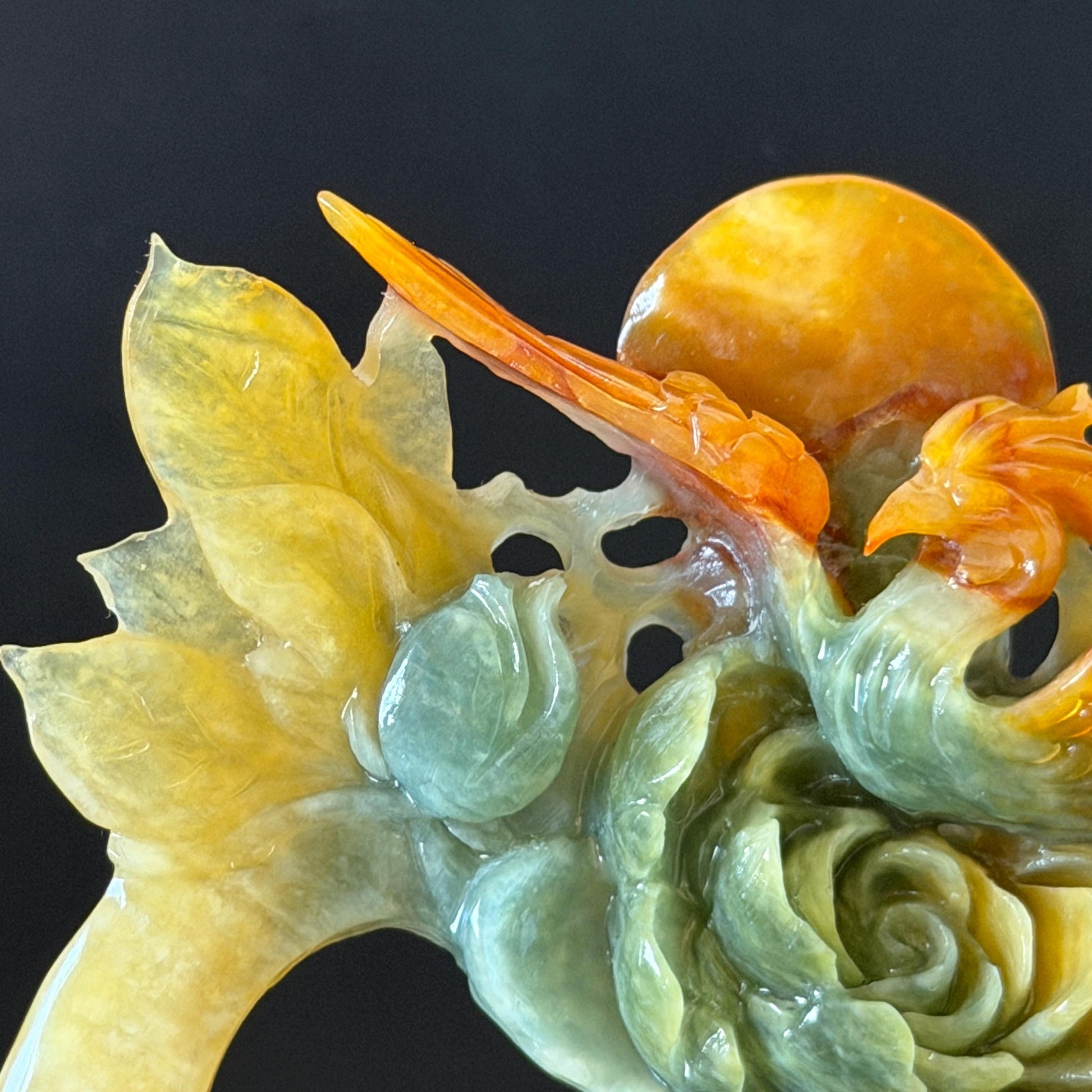 Xiu Jade Phoenix & Peony Hand Carved Hair Pin: Certified Natural Serpentine Multicolor Orange Yellow Green Jade Hanfu Handcrafted Hair Stick | Asian Chinese Vintage Style gift for her hand carved phoenix carving hand engraved phoenix hair stick phoenix carving red phoenix fire phoenix hair fork red jade orange jade yellow jade chinese jade with certificate korean hair pin japanese hair stick hair fork hair comb hanfu hair stick peony carving 3D stone carving bridal headpiece wedding hair jewelry