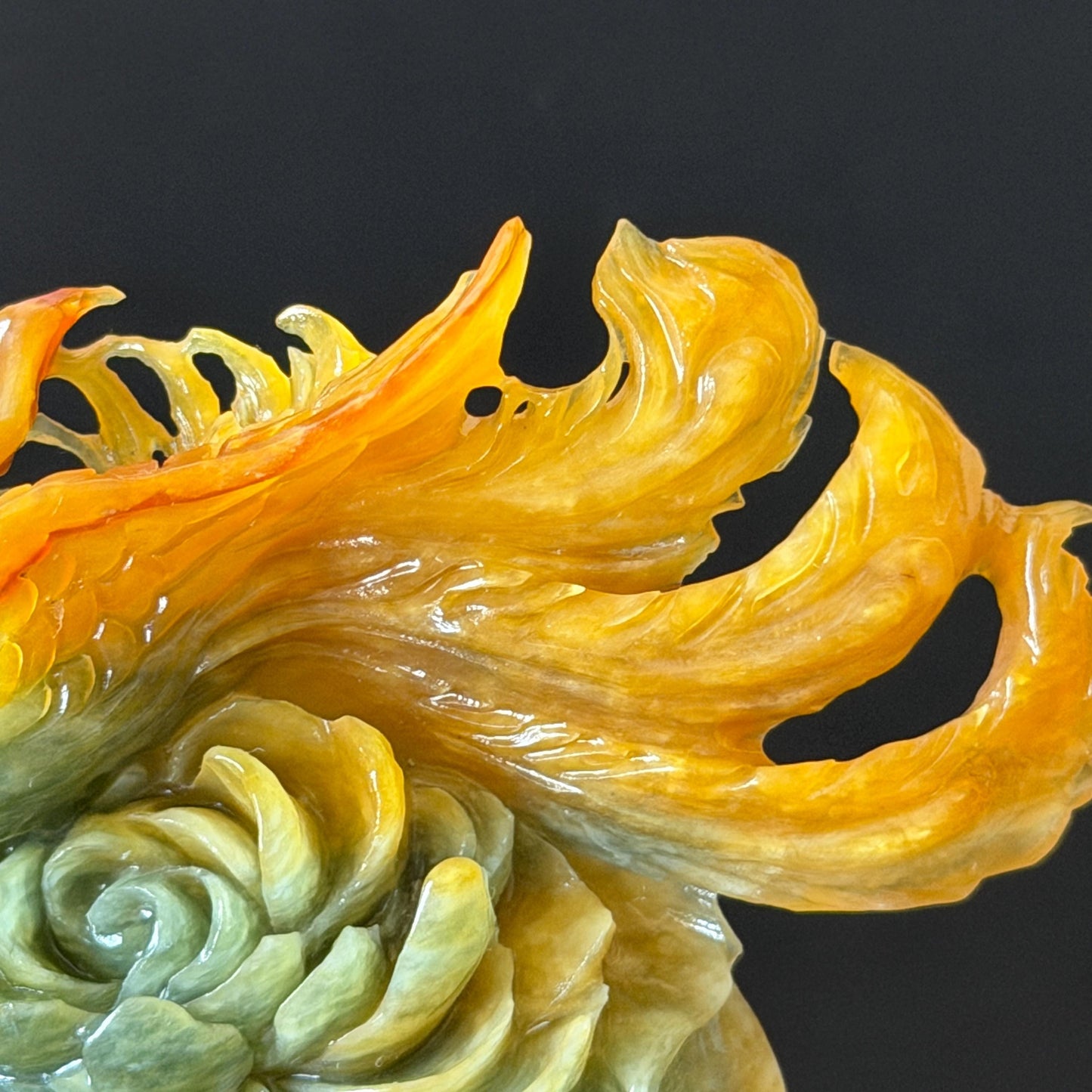 Xiu Jade Phoenix & Peony Hand Carved Hair Pin: Certified Natural Serpentine Multicolor Orange Yellow Green Jade Hanfu Handcrafted Hair Stick | Asian Chinese Vintage Style gift for her hand carved phoenix carving hand engraved phoenix hair stick phoenix carving red phoenix fire phoenix hair fork red jade orange jade yellow jade chinese jade with certificate korean hair pin japanese hair stick hair fork hair comb hanfu hair stick peony carving 3D stone carving bridal headpiece wedding hair jewelry