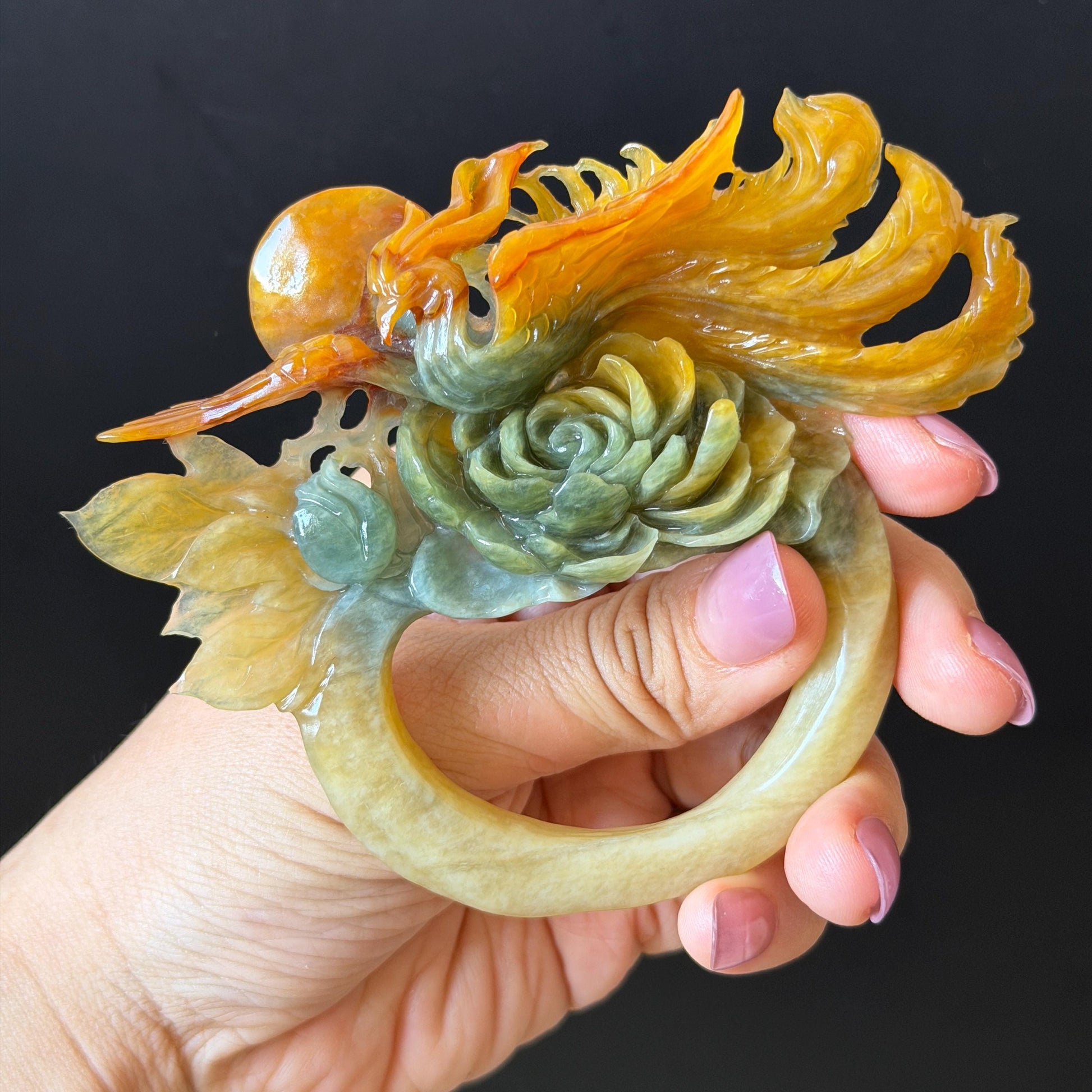 Xiu Jade Phoenix & Peony Hand Carved Hair Pin: Certified Natural Serpentine Multicolor Orange Yellow Green Jade Hanfu Handcrafted Hair Stick | Asian Chinese Vintage Style gift for her hand carved phoenix carving hand engraved phoenix hair stick phoenix carving red phoenix fire phoenix hair fork red jade orange jade yellow jade chinese jade with certificate korean hair pin japanese hair stick hair fork hair comb hanfu hair stick peony carving 3D stone carving bridal headpiece wedding hair jewelry