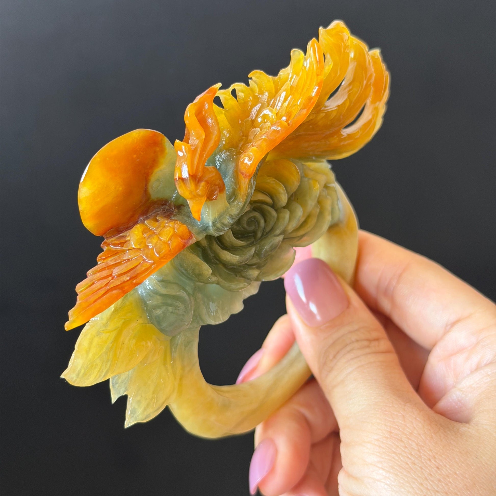 Xiu Jade Phoenix & Peony Hand Carved Hair Pin: Certified Natural Serpentine Multicolor Orange Yellow Green Jade Hanfu Handcrafted Hair Stick | Asian Chinese Vintage Style gift for her hand carved phoenix carving hand engraved phoenix hair stick phoenix carving red phoenix fire phoenix hair fork red jade orange jade yellow jade chinese jade with certificate korean hair pin japanese hair stick hair fork hair comb hanfu hair stick peony carving 3D stone carving bridal headpiece wedding hair jewelry