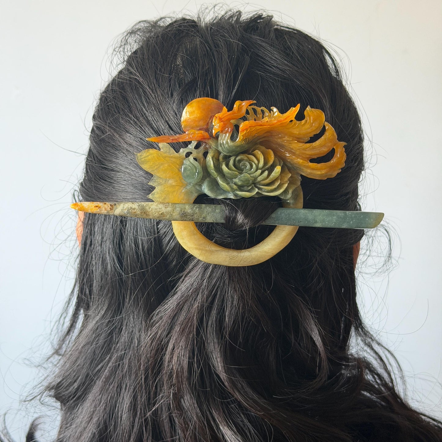 Xiu Jade Phoenix & Peony Hand Carved Hair Pin: Certified Natural Serpentine Multicolor Orange Yellow Green Jade Hanfu Handcrafted Hair Stick | Asian Chinese Vintage Style gift for her hand carved phoenix carving hand engraved phoenix hair stick phoenix carving red phoenix fire phoenix hair fork red jade orange jade yellow jade chinese jade with certificate korean hair pin japanese hair stick hair fork hair comb hanfu hair stick peony carving 3D stone carving bridal headpiece wedding hair jewelry