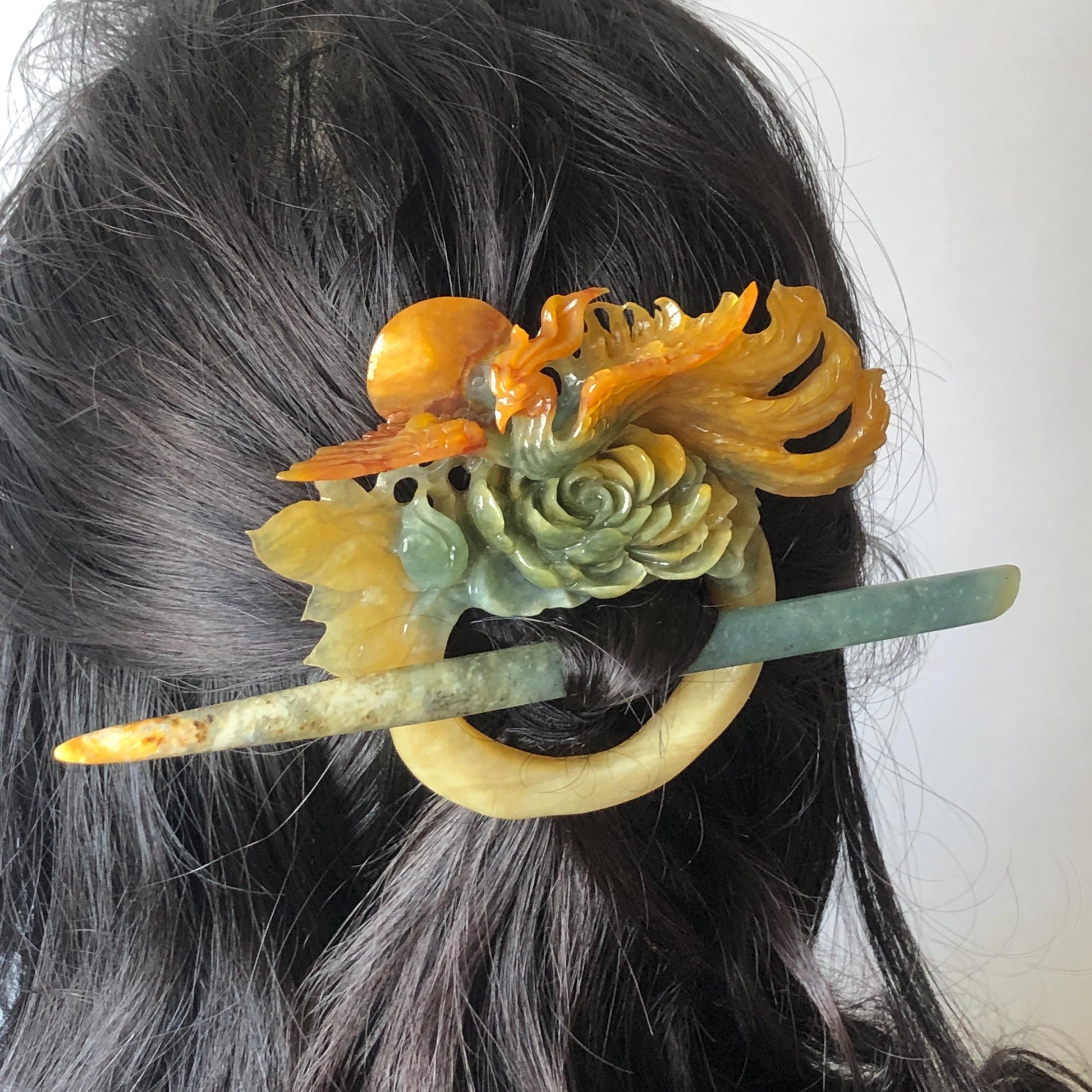 Xiu Jade Phoenix & Peony Hand Carved Hair Pin: Certified Natural Serpentine Multicolor Orange Yellow Green Jade Hanfu Handcrafted Hair Stick | Asian Chinese Vintage Style gift for her hand carved phoenix carving hand engraved phoenix hair stick phoenix carving red phoenix fire phoenix hair fork red jade orange jade yellow jade chinese jade with certificate korean hair pin japanese hair stick hair fork hair comb hanfu hair stick peony carving 3D stone carving bridal headpiece wedding hair jewelry