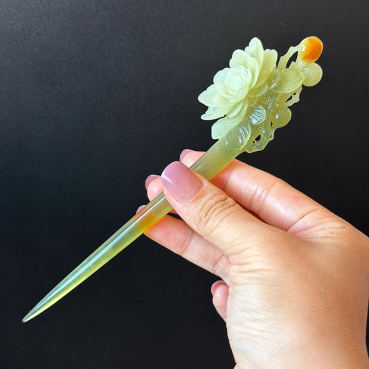 Xiu Jade Hand Carved Camellia Flower Hair Pin: Certified Natural Serpentine Multicolor Orange White Green Jade Handcrafted Hair Stick | Asian Vintage Hair Fork 3D stone carving Hair Jewelry | Chinese Hanfu Hair Fork gift for her green jade carving white jade orange jade flower carving camellia carving hand engraved hairpins japanese hair stick korean hair pins hair fork hair comb antique hairpins wedding headpiece engagement hair jewelry bridal shower gift bridal hair accessory  asian hair crown