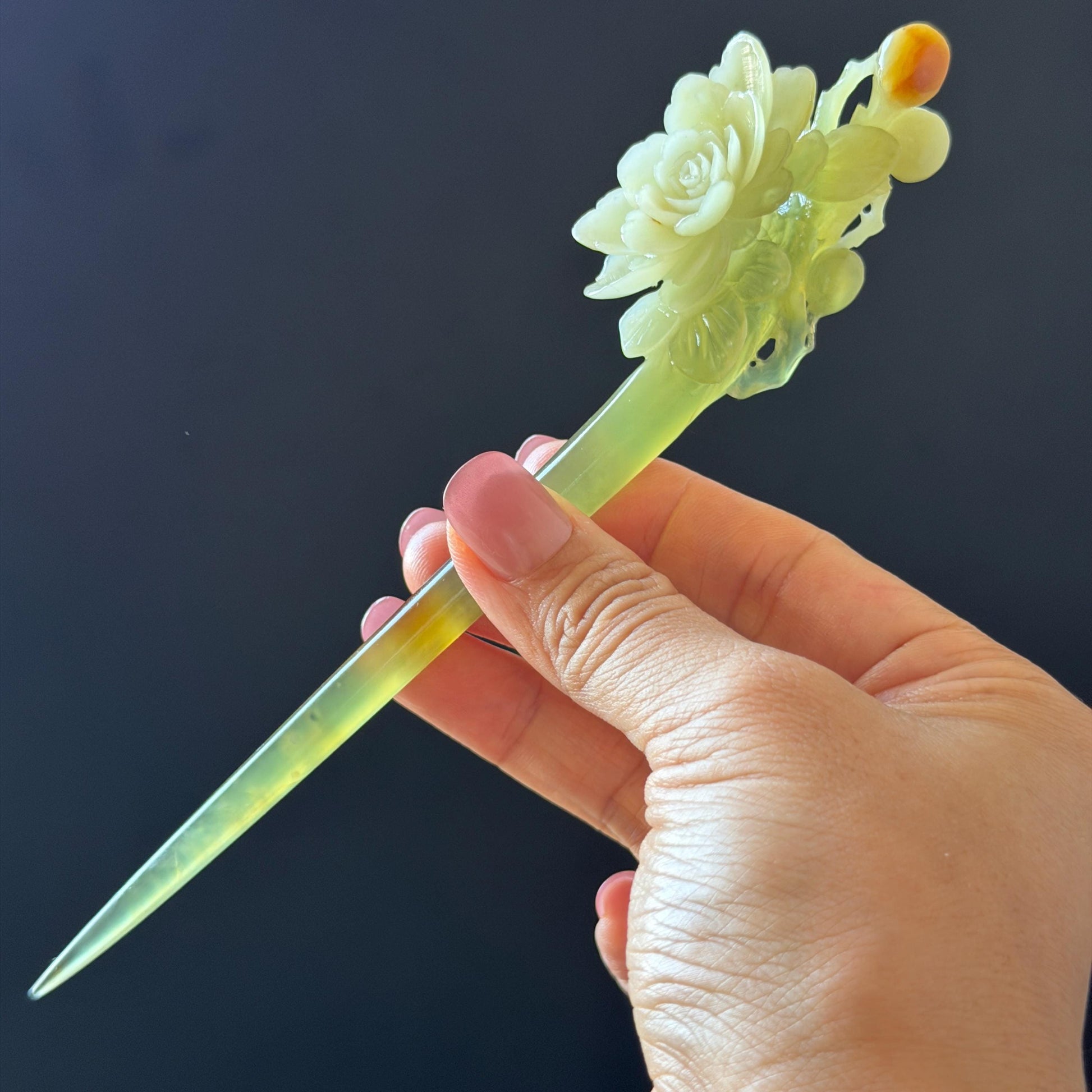 Xiu Jade Hand Carved Camellia Flower Hair Pin: Certified Natural Serpentine Multicolor Orange White Green Jade Handcrafted Hair Stick | Asian Vintage Hair Fork 3D stone carving Hair Jewelry | Chinese Hanfu Hair Fork gift for her green jade carving white jade orange jade flower carving camellia carving hand engraved hairpins japanese hair stick korean hair pins hair fork hair comb antique hairpins wedding headpiece engagement hair jewelry bridal shower gift bridal hair accessory  asian hair crown