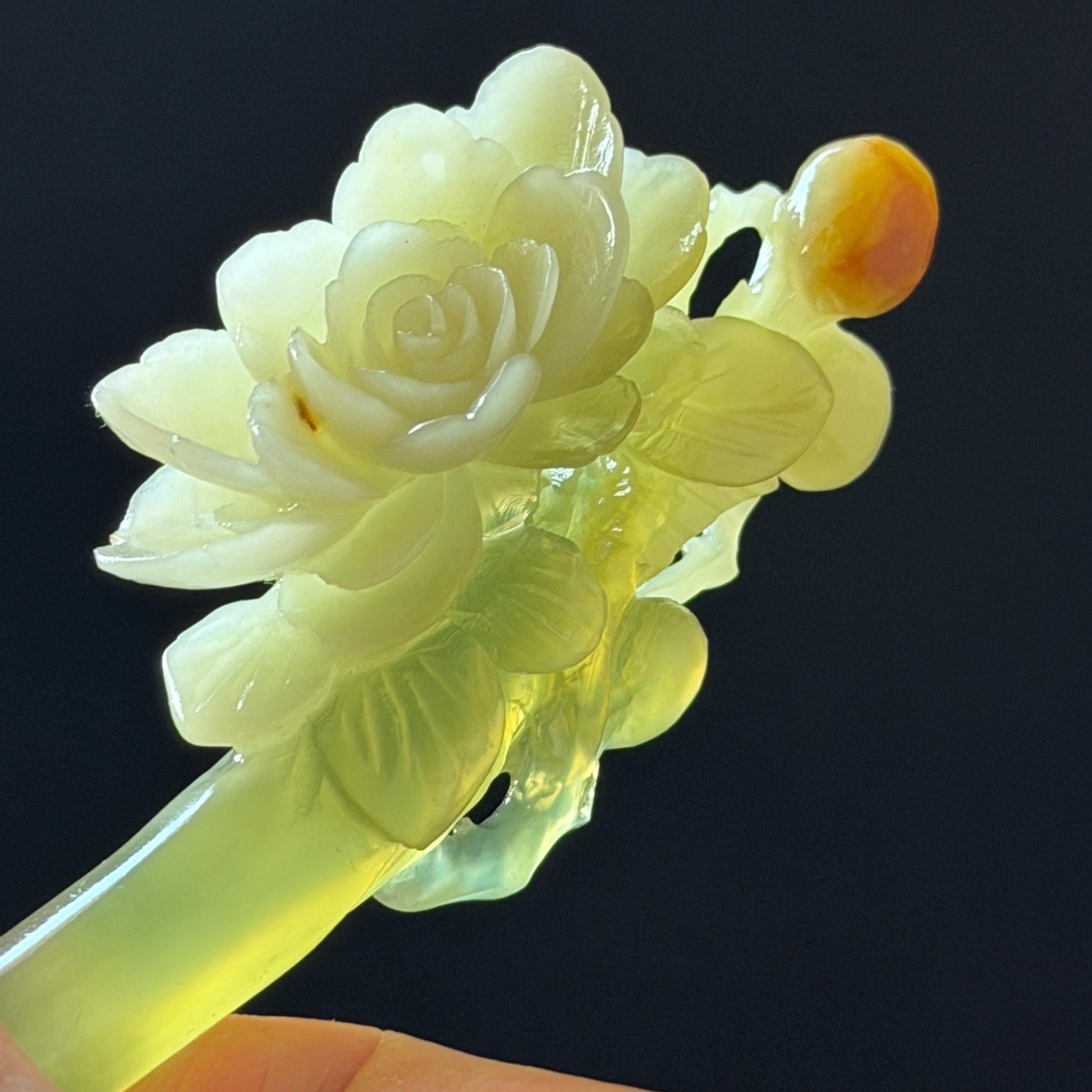 Xiu Jade Hand Carved Camellia Flower Hair Pin: Certified Natural Serpentine Multicolor Orange White Green Jade Handcrafted Hair Stick | Asian Vintage Hair Fork 3D stone carving Hair Jewelry | Chinese Hanfu Hair Fork gift for her green jade carving white jade orange jade flower carving camellia carving hand engraved hairpins japanese hair stick korean hair pins hair fork hair comb antique hairpins wedding headpiece engagement hair jewelry bridal shower gift bridal hair accessory  asian hair crown