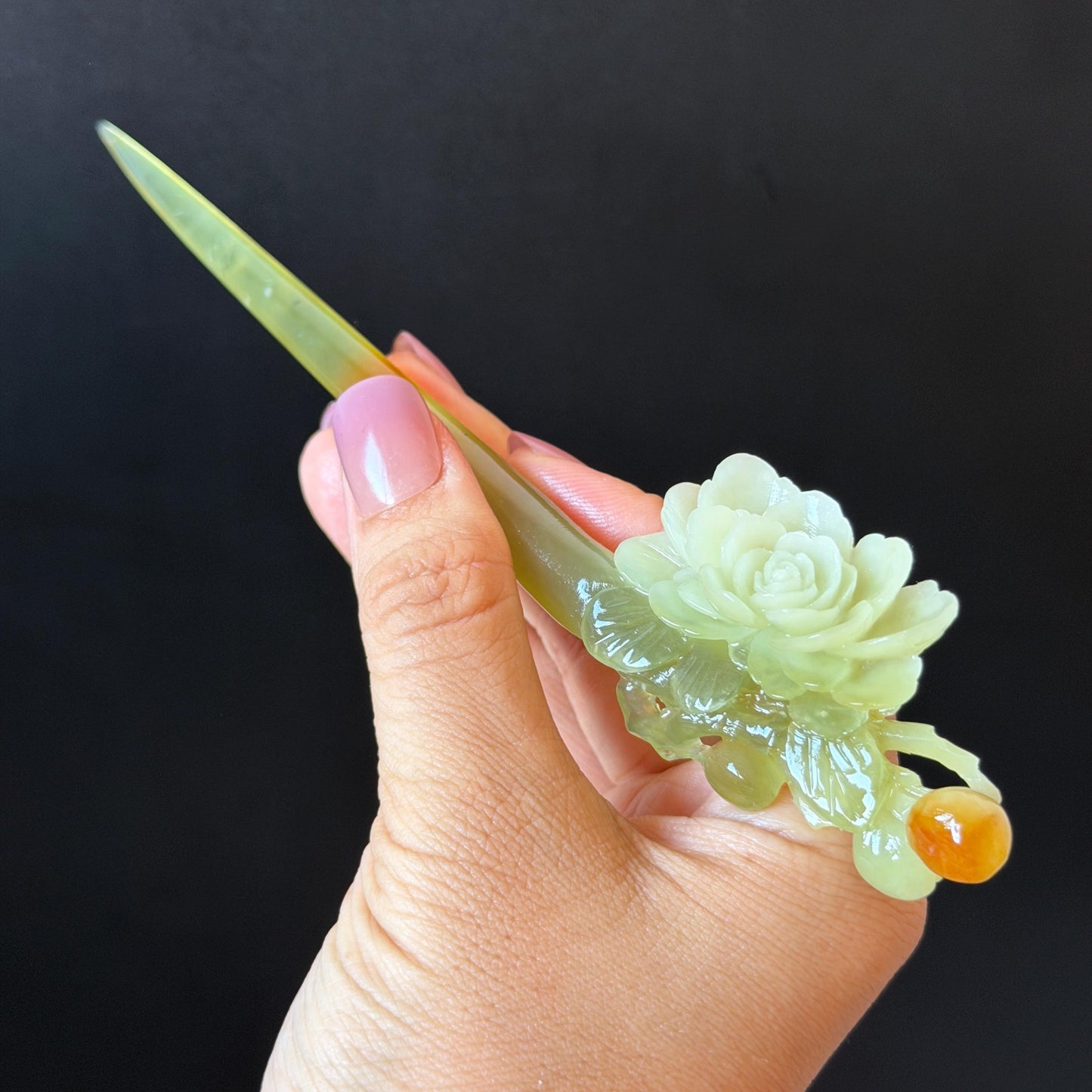 Xiu Jade Hand Carved Camellia Flower Hair Pin: Certified Natural Serpentine Multicolor Orange White Green Jade Handcrafted Hair Stick | Asian Vintage Hair Fork 3D stone carving Hair Jewelry | Chinese Hanfu Hair Fork gift for her green jade carving white jade orange jade flower carving camellia carving hand engraved hairpins japanese hair stick korean hair pins hair fork hair comb antique hairpins wedding headpiece engagement hair jewelry bridal shower gift bridal hair accessory  asian hair crown