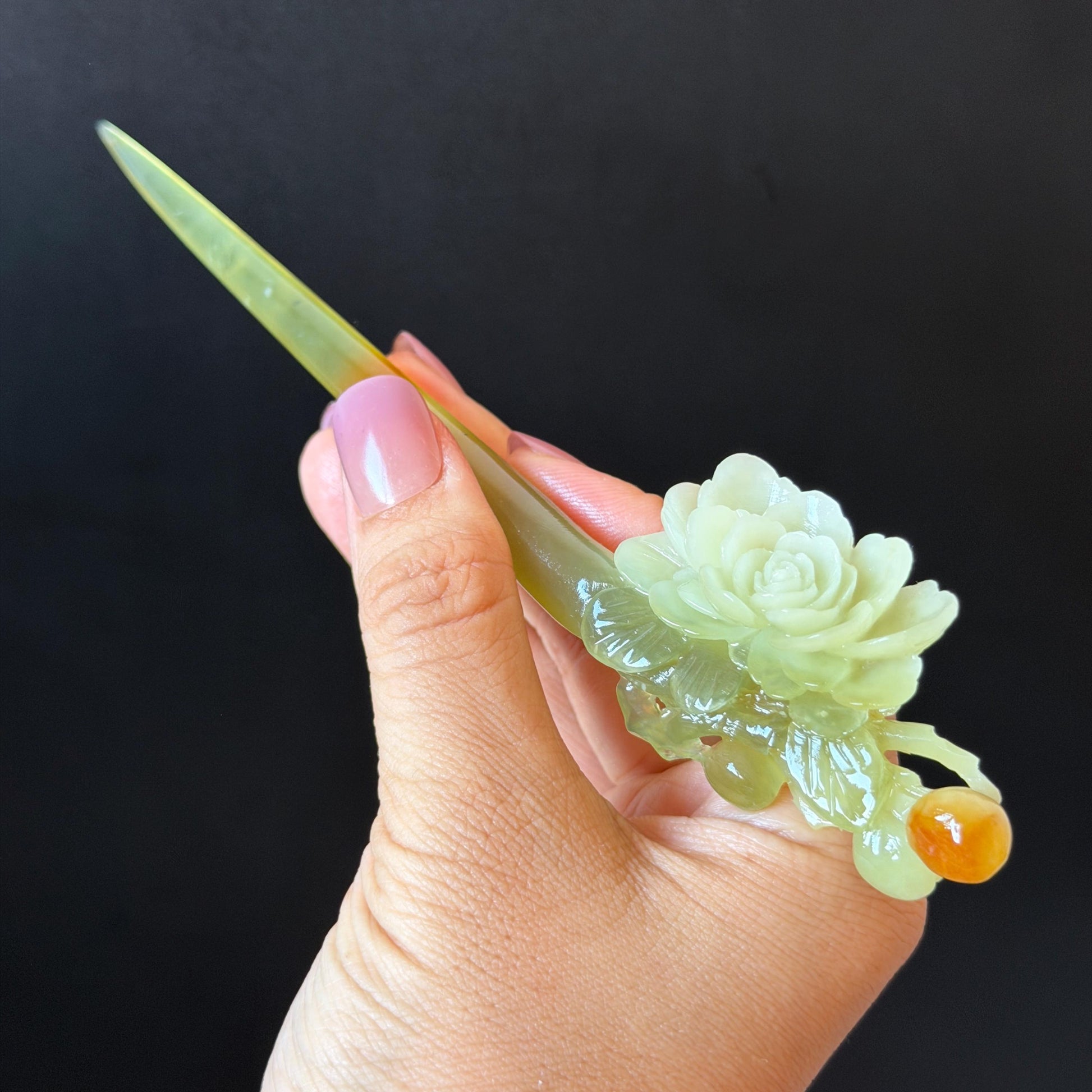 Xiu Jade Hand Carved Camellia Flower Hair Pin: Certified Natural Serpentine Multicolor Orange White Green Jade Handcrafted Hair Stick | Asian Vintage Hair Fork 3D stone carving Hair Jewelry | Chinese Hanfu Hair Fork gift for her green jade carving white jade orange jade flower carving camellia carving hand engraved hairpins japanese hair stick korean hair pins hair fork hair comb antique hairpins wedding headpiece engagement hair jewelry bridal shower gift bridal hair accessory  asian hair crown