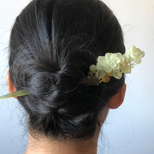 Xiu Jade Peach Blossom Flower Hand Carved Hair Pin: Certified Natural Serpentine Multicolor Orange White Green Jade Handcrafted Hair Stick | Asian Vintage Hair Fork 3D stone carving Hair Jewelry Chinese Hanfu Hair Fork gift for her green jade carving white jade orange jade flower carving hand engraved hairpins japanese hair stick korean hair pins hair fork hair comb antique hairpins wedding headpiece engagement hair jewelry bridal shower gift wedding bridal hair accessory asian hair crown