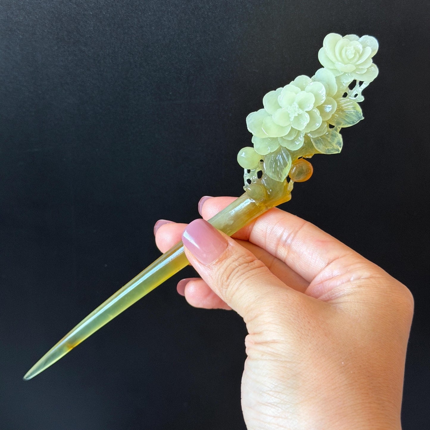 Xiu Jade Peach Blossom Flower Hand Carved Hair Pin: Certified Natural Serpentine Multicolor Orange White Green Jade Handcrafted Hair Stick | Asian Vintage Hair Fork 3D stone carving Hair Jewelry Chinese Hanfu Hair Fork gift for her green jade carving white jade orange jade flower carving hand engraved hairpins japanese hair stick korean hair pins hair fork hair comb antique hairpins wedding headpiece engagement hair jewelry bridal shower gift wedding bridal hair accessory asian hair crown