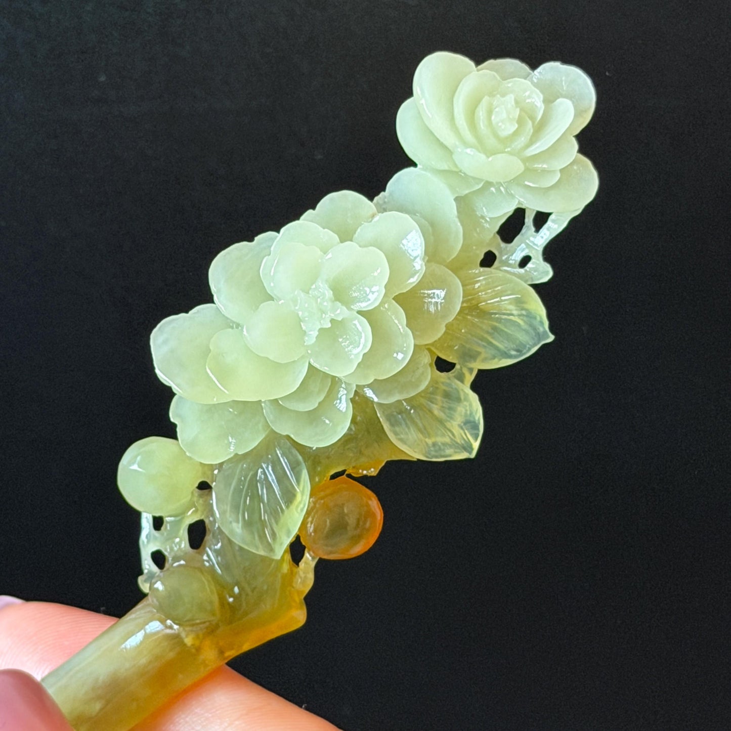 Xiu Jade Peach Blossom Flower Hand Carved Hair Pin: Certified Natural Serpentine Multicolor Orange White Green Jade Handcrafted Hair Stick | Asian Vintage Hair Fork 3D stone carving Hair Jewelry Chinese Hanfu Hair Fork gift for her green jade carving white jade orange jade flower carving hand engraved hairpins japanese hair stick korean hair pins hair fork hair comb antique hairpins wedding headpiece engagement hair jewelry bridal shower gift wedding bridal hair accessory asian hair crown