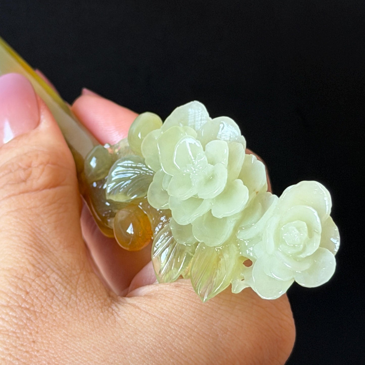 Xiu Jade Peach Blossom Flower Hand Carved Hair Pin: Certified Natural Serpentine Multicolor Orange White Green Jade Handcrafted Hair Stick | Asian Vintage Hair Fork 3D stone carving Hair Jewelry Chinese Hanfu Hair Fork gift for her green jade carving white jade orange jade flower carving hand engraved hairpins japanese hair stick korean hair pins hair fork hair comb antique hairpins wedding headpiece engagement hair jewelry bridal shower gift wedding bridal hair accessory asian hair crown