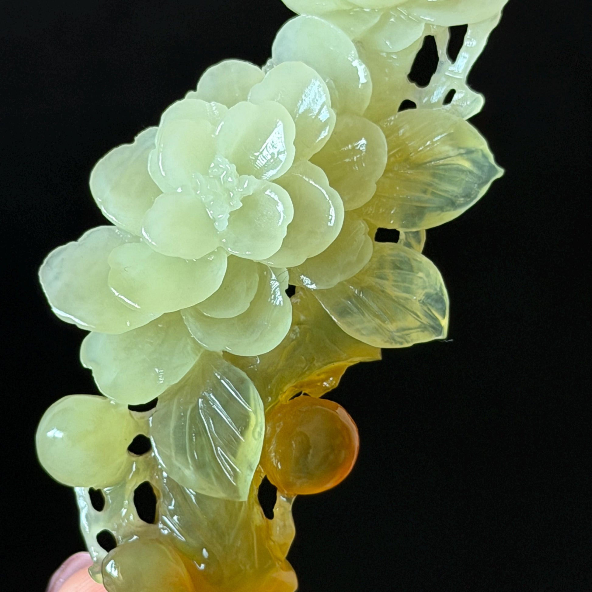 Xiu Jade Peach Blossom Flower Hand Carved Hair Pin: Certified Natural Serpentine Multicolor Orange White Green Jade Handcrafted Hair Stick | Asian Vintage Hair Fork 3D stone carving Hair Jewelry Chinese Hanfu Hair Fork gift for her green jade carving white jade orange jade flower carving hand engraved hairpins japanese hair stick korean hair pins hair fork hair comb antique hairpins wedding headpiece engagement hair jewelry bridal shower gift wedding bridal hair accessory asian hair crown