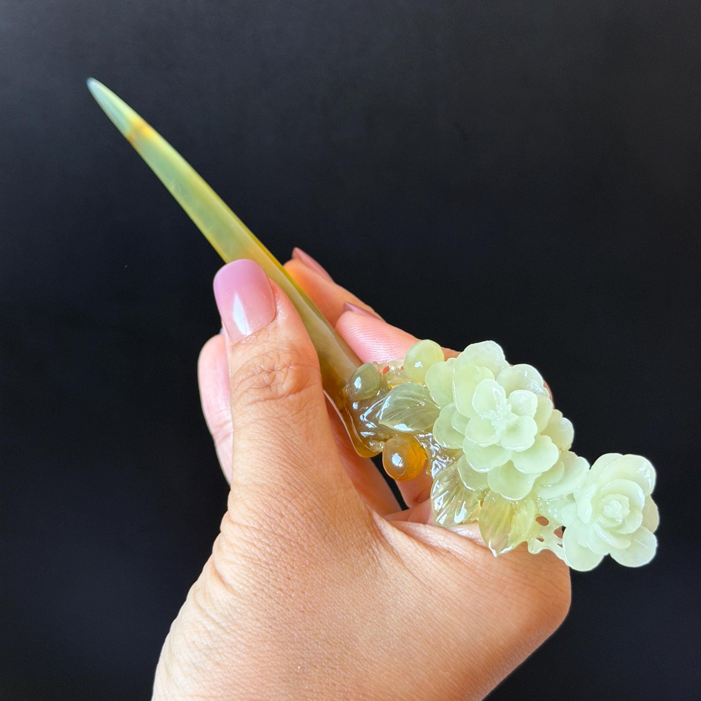 Xiu Jade Peach Blossom Flower Hand Carved Hair Pin: Certified Natural Serpentine Multicolor Orange White Green Jade Handcrafted Hair Stick | Asian Vintage Hair Fork 3D stone carving Hair Jewelry Chinese Hanfu Hair Fork gift for her green jade carving white jade orange jade flower carving hand engraved hairpins japanese hair stick korean hair pins hair fork hair comb antique hairpins wedding headpiece engagement hair jewelry bridal shower gift wedding bridal hair accessory asian hair crown