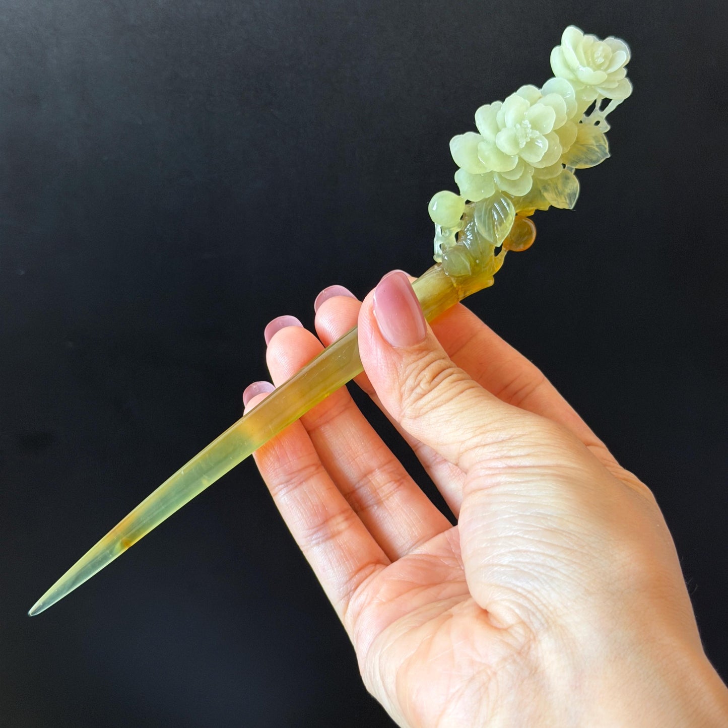 Xiu Jade Peach Blossom Flower Hand Carved Hair Pin: Certified Natural Serpentine Multicolor Orange White Green Jade Handcrafted Hair Stick | Asian Vintage Hair Fork 3D stone carving Hair Jewelry Chinese Hanfu Hair Fork gift for her green jade carving white jade orange jade flower carving hand engraved hairpins japanese hair stick korean hair pins hair fork hair comb antique hairpins wedding headpiece engagement hair jewelry bridal shower gift wedding bridal hair accessory asian hair crown