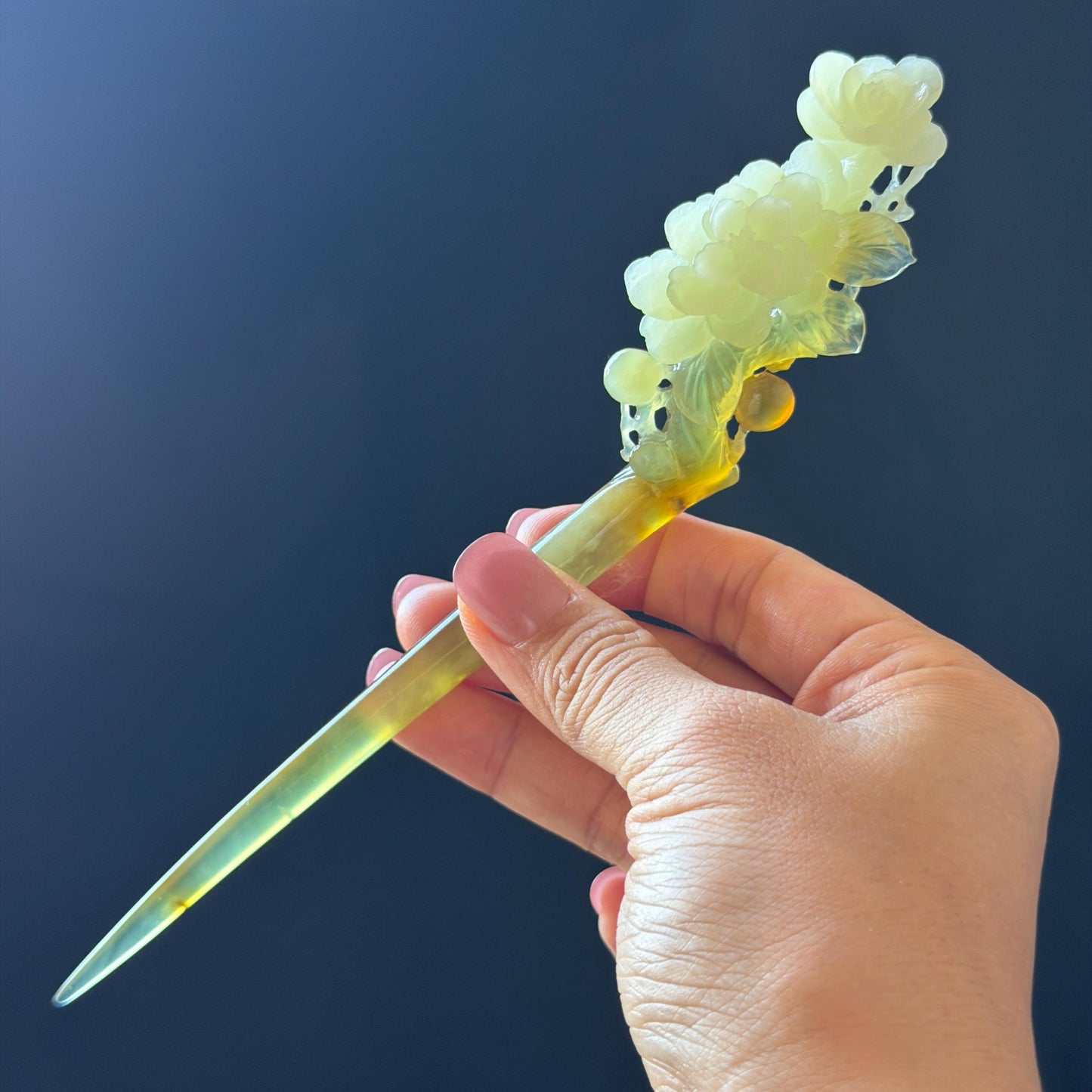 Xiu Jade Peach Blossom Flower Hand Carved Hair Pin: Certified Natural Serpentine Multicolor Orange White Green Jade Handcrafted Hair Stick | Asian Vintage Hair Fork 3D stone carving Hair Jewelry Chinese Hanfu Hair Fork gift for her green jade carving white jade orange jade flower carving hand engraved hairpins japanese hair stick korean hair pins hair fork hair comb antique hairpins wedding headpiece engagement hair jewelry bridal shower gift wedding bridal hair accessory asian hair crown