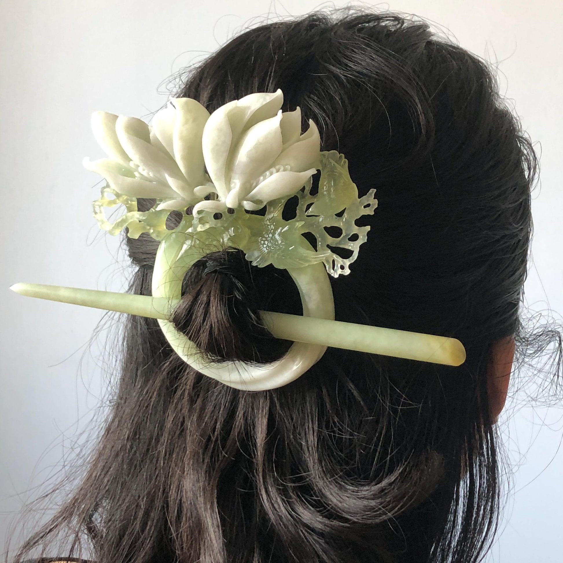 Xiu Jade Yulan Flowers & Birds Hand Carved Hair Pin: Certified Natural Serpentine White Jade Green Jade Handcrafted Hanfu Hair Stick, Asian Vintage Hair Fork Chinese Antique Bridal Gift for her japanese hairpin korean hair stick hair comb antique hair pins bridal shower hair jewelry wedding headpiece engagement hair accessory jade carving hand engraved jade hand carved flower jade hairpins untreated jade certificate flower carving yulan carving 3D stone carving handcrafted bird carving