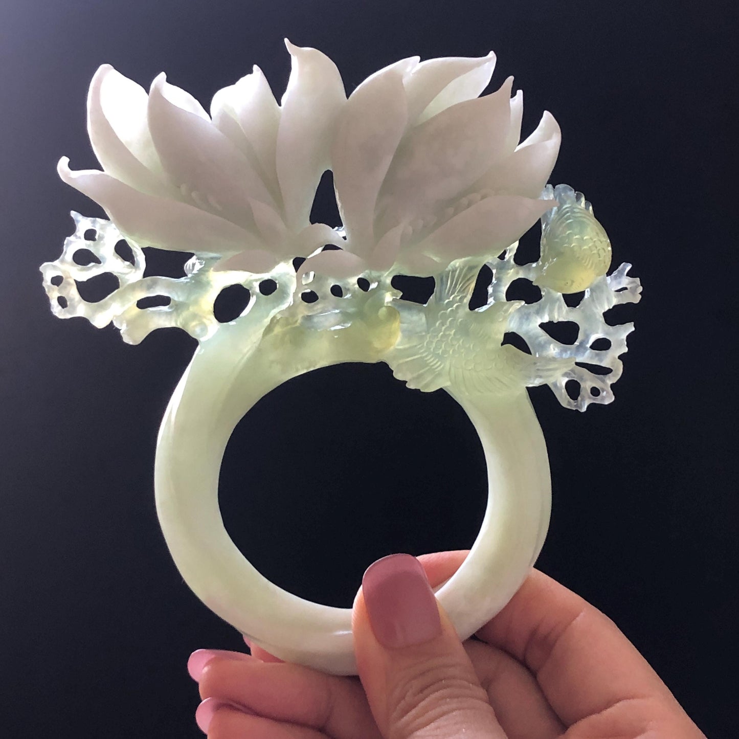 Xiu Jade Yulan Flowers & Birds Hand Carved Hair Pin: Certified Natural Serpentine White Jade Green Jade Handcrafted Hanfu Hair Stick, Asian Vintage Hair Fork Chinese Antique Bridal Gift for her japanese hairpin korean hair stick hair comb antique hair pins bridal shower hair jewelry wedding headpiece engagement hair accessory jade carving hand engraved jade hand carved flower jade hairpins untreated jade certificate flower carving yulan carving 3D stone carving handcrafted bird carving