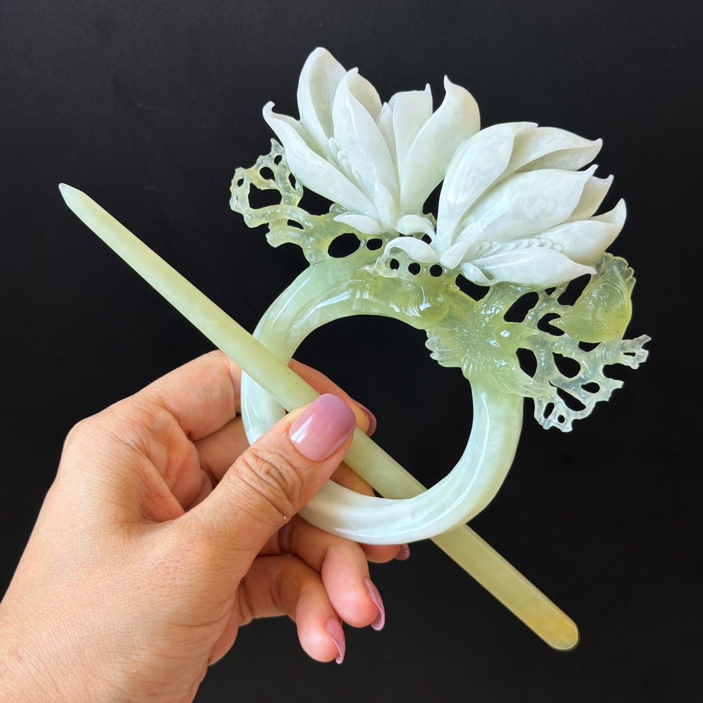 Xiu Jade Yulan Flowers & Birds Hand Carved Hair Pin: Certified Natural Serpentine White Jade Green Jade Handcrafted Hanfu Hair Stick, Asian Vintage Hair Fork Chinese Antique Bridal Gift for her japanese hairpin korean hair stick hair comb antique hair pins bridal shower hair jewelry wedding headpiece engagement hair accessory jade carving hand engraved jade hand carved flower jade hairpins untreated jade certificate flower carving yulan carving 3D stone carving handcrafted bird carving