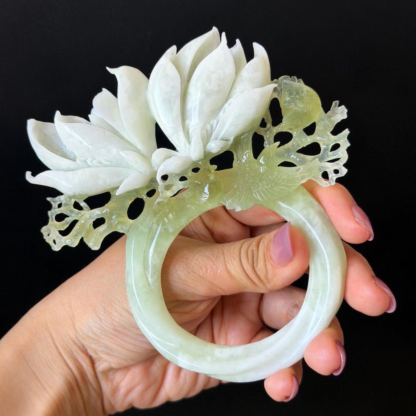 Xiu Jade Yulan Flowers & Birds Hand Carved Hair Pin: Certified Natural Serpentine White Jade Green Jade Handcrafted Hanfu Hair Stick, Asian Vintage Hair Fork Chinese Antique Bridal Gift for her japanese hairpin korean hair stick hair comb antique hair pins bridal shower hair jewelry wedding headpiece engagement hair accessory jade carving hand engraved jade hand carved flower jade hairpins untreated jade certificate flower carving yulan carving 3D stone carving handcrafted bird carving