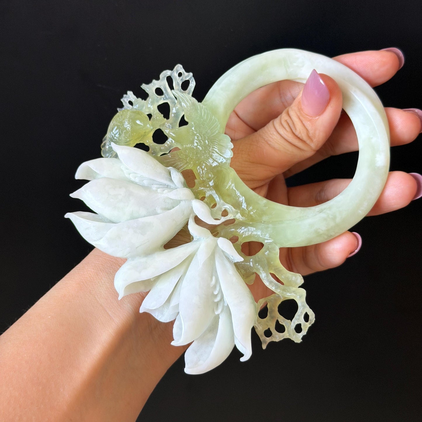 Xiu Jade Yulan Flowers & Birds Hand Carved Hair Pin: Certified Natural Serpentine White Jade Green Jade Handcrafted Hanfu Hair Stick, Asian Vintage Hair Fork Chinese Antique Bridal Gift for her japanese hairpin korean hair stick hair comb antique hair pins bridal shower hair jewelry wedding headpiece engagement hair accessory jade carving hand engraved jade hand carved flower jade hairpins untreated jade certificate flower carving yulan carving 3D stone carving handcrafted bird carving