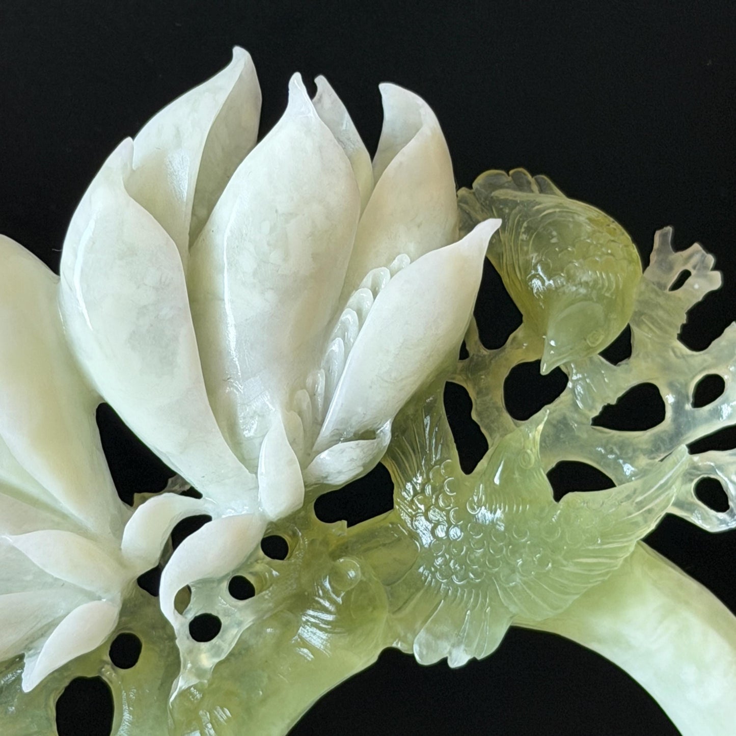Xiu Jade Yulan Flowers & Birds Hand Carved Hair Pin: Certified Natural Serpentine White Jade Green Jade Handcrafted Hanfu Hair Stick, Asian Vintage Hair Fork Chinese Antique Bridal Gift for her japanese hairpin korean hair stick hair comb antique hair pins bridal shower hair jewelry wedding headpiece engagement hair accessory jade carving hand engraved jade hand carved flower jade hairpin untreated jade certificate flower carving yulan carving 3D stone carving handcrafted bird carving hair crown