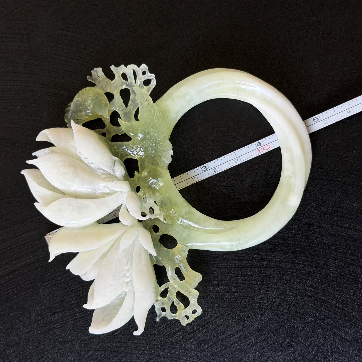 Xiu Jade Yulan Flowers & Birds Hand Carved Hair Pin: Certified Natural Serpentine White Jade Green Jade Handcrafted Hanfu Hair Stick, Asian Vintage Hair Fork Chinese Antique Bridal Gift for her japanese hairpin korean hair stick hair comb antique hair pins bridal shower hair jewelry wedding headpiece engagement hair accessory jade carving hand engraved jade hand carved flower jade hairpin untreated jade certificate flower carving yulan carving 3D stone carving handcrafted bird carving hair crown