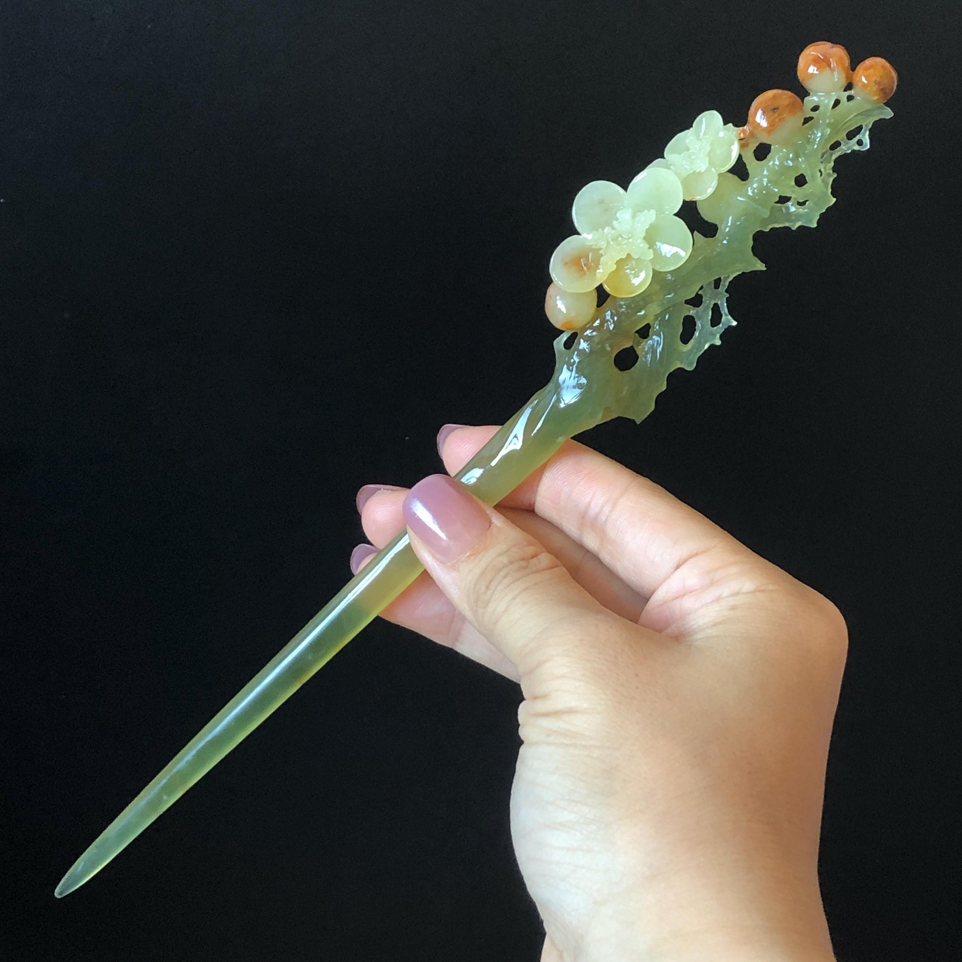 Xiu Jade Plum Blossom Flower Hand Carved Hair Pin: Certified Natural Serpentine Multicolor Orange White Green Jade Handcrafted Hair Stick