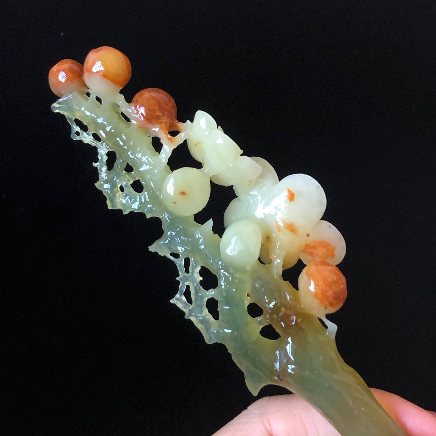 Xiu Jade Plum Blossom Flower Hand Carved Hair Pin: Certified Natural Serpentine Multicolor Orange White Green Jade Handcrafted Hair Stick