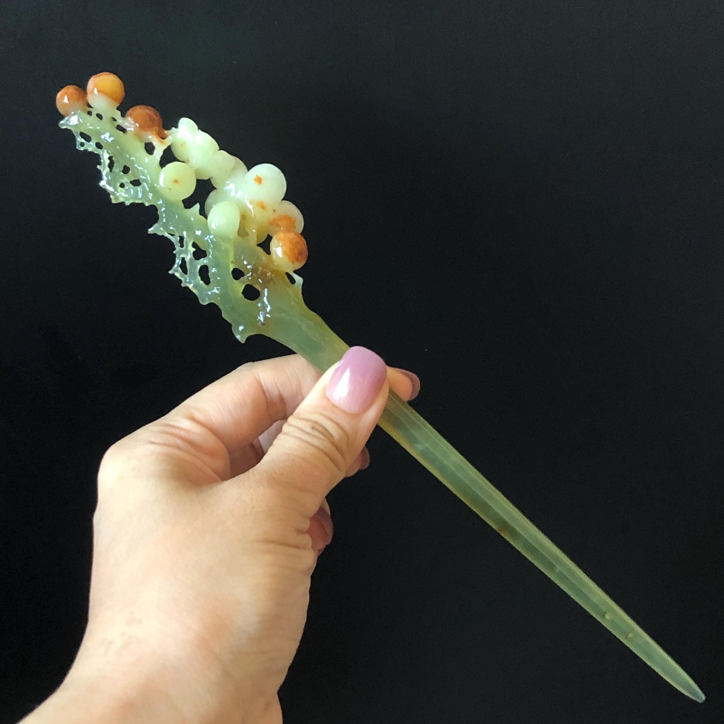 Xiu Jade Plum Blossom Flower Hand Carved Hair Pin: Certified Natural Serpentine Multicolor Orange White Green Jade Handcrafted Hair Stick