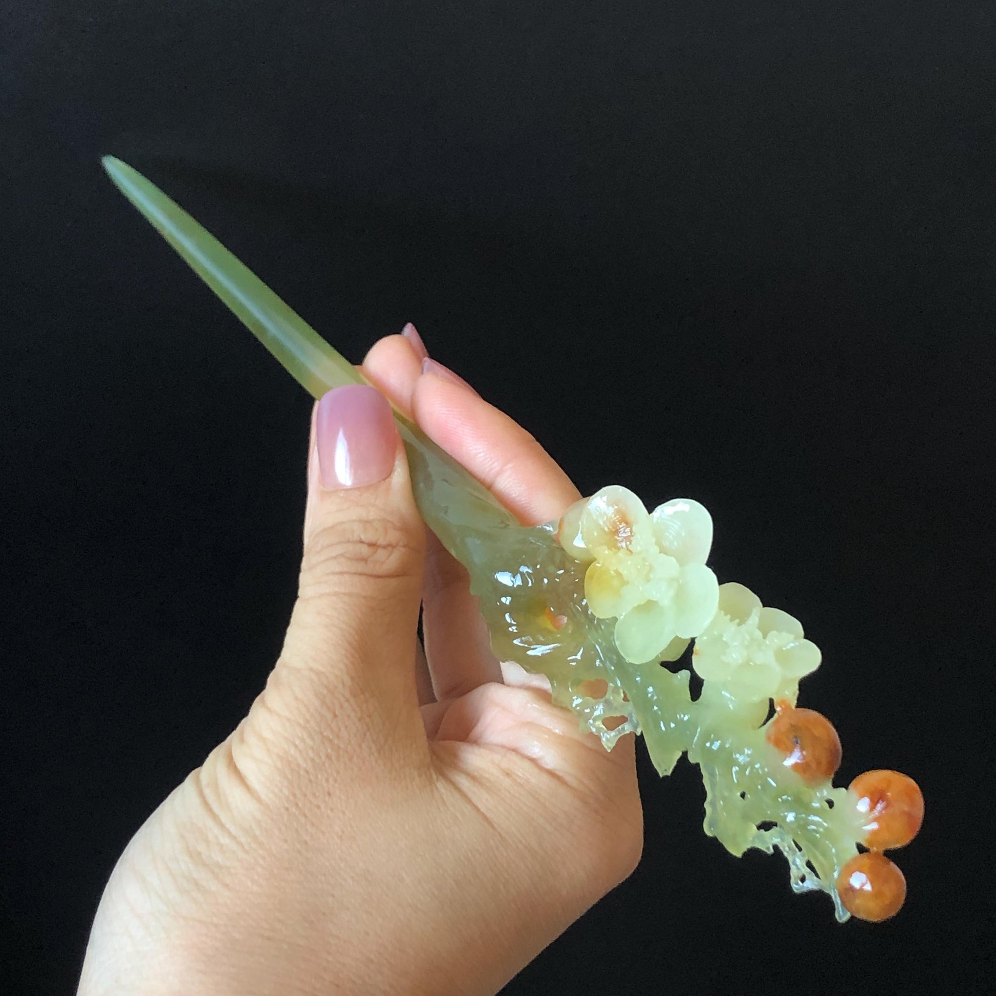 Xiu Jade Plum Blossom Flower Hand Carved Hair Pin: Certified Natural Serpentine Multicolor Orange White Green Jade Handcrafted Hair Stick