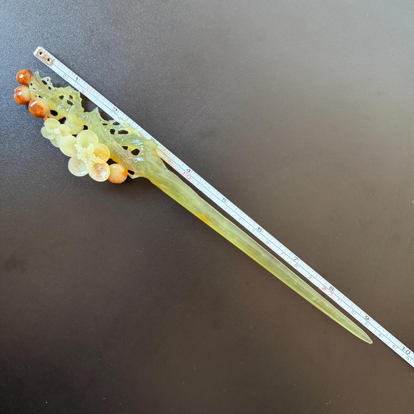 Xiu Jade Plum Blossom Flower Hand Carved Hair Pin: Certified Natural Serpentine Multicolor Orange White Green Jade Handcrafted Hair Stick