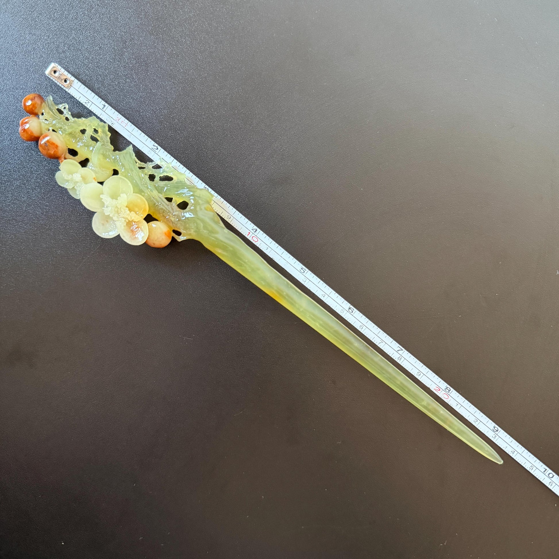 Xiu Jade Plum Blossom Flower Hand Carved Hair Pin: Certified Natural Serpentine Multicolor Orange White Green Jade Handcrafted Hair Stick