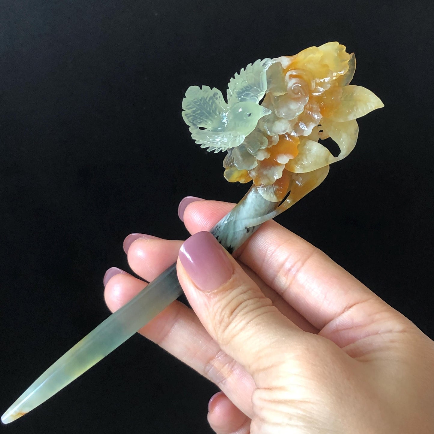 Xiu Jade Bird & Flowers Hand Carved Hair Pin: Certificate Natural multicolor Serpentine Yellow Orange White Green Jade Hair Stick 3D stone carving Hair Jewelry Asian Chinese Vintage Style Gift for her white jade green jade carving yellow jade orange jade bird carving flower carving hand carved jade hand engraved bird certificate certified untreated jade korean hairpin japanese hair stick chinese hair comb vinatge hair fork multicolor jade bird lover gift hair claw hair crown
