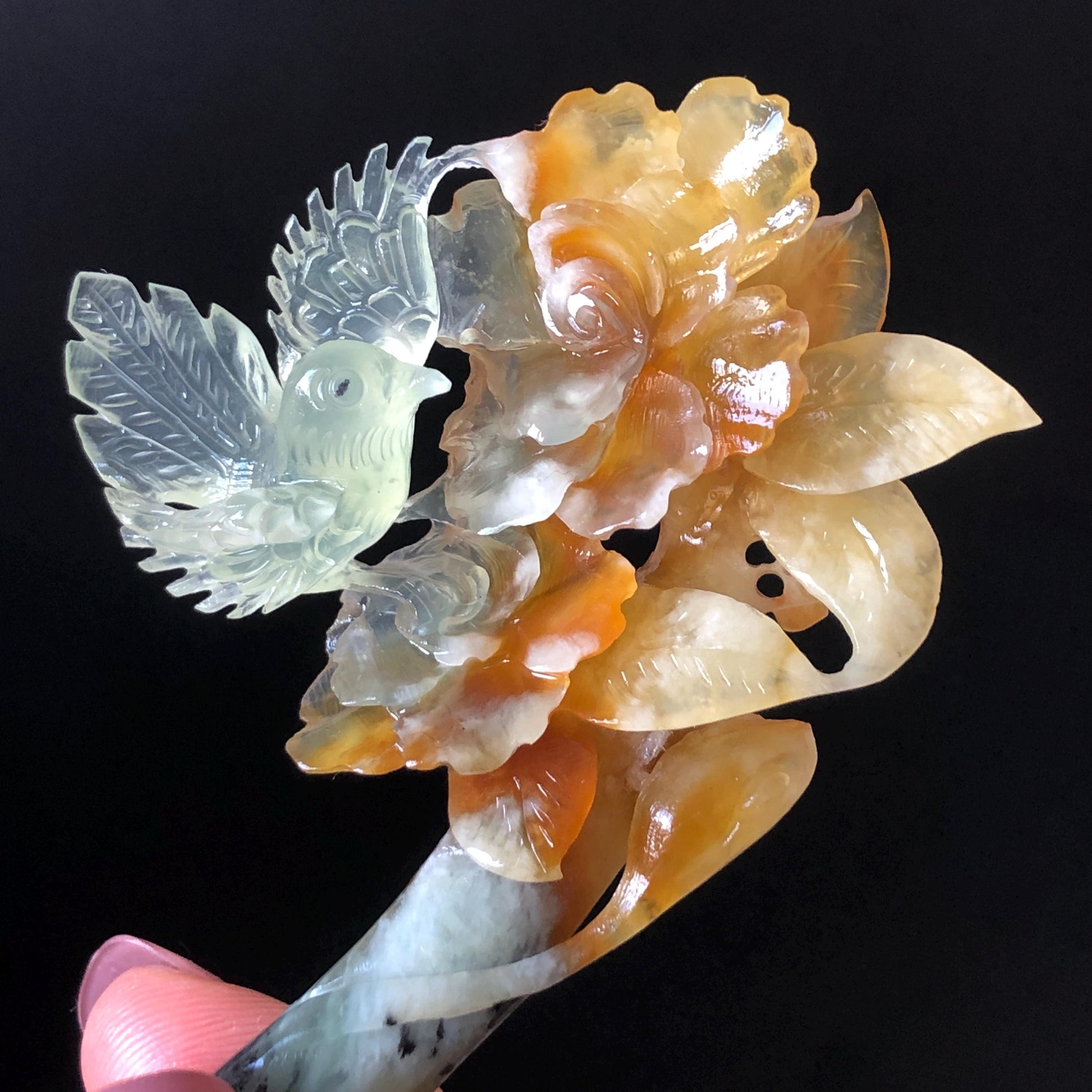 Xiu Jade Bird & Flowers Hand Carved Hair Pin: Certificate Natural multicolor Serpentine Yellow Orange White Green Jade Hair Stick 3D stone carving Hair Jewelry Asian Chinese Vintage Style Gift for her white jade green jade carving yellow jade orange jade bird carving flower carving hand carved jade hand engraved bird certificate certified untreated jade korean hairpin japanese hair stick chinese hair comb vinatge hair fork multicolor jade bird lover gift hair claw hair crown