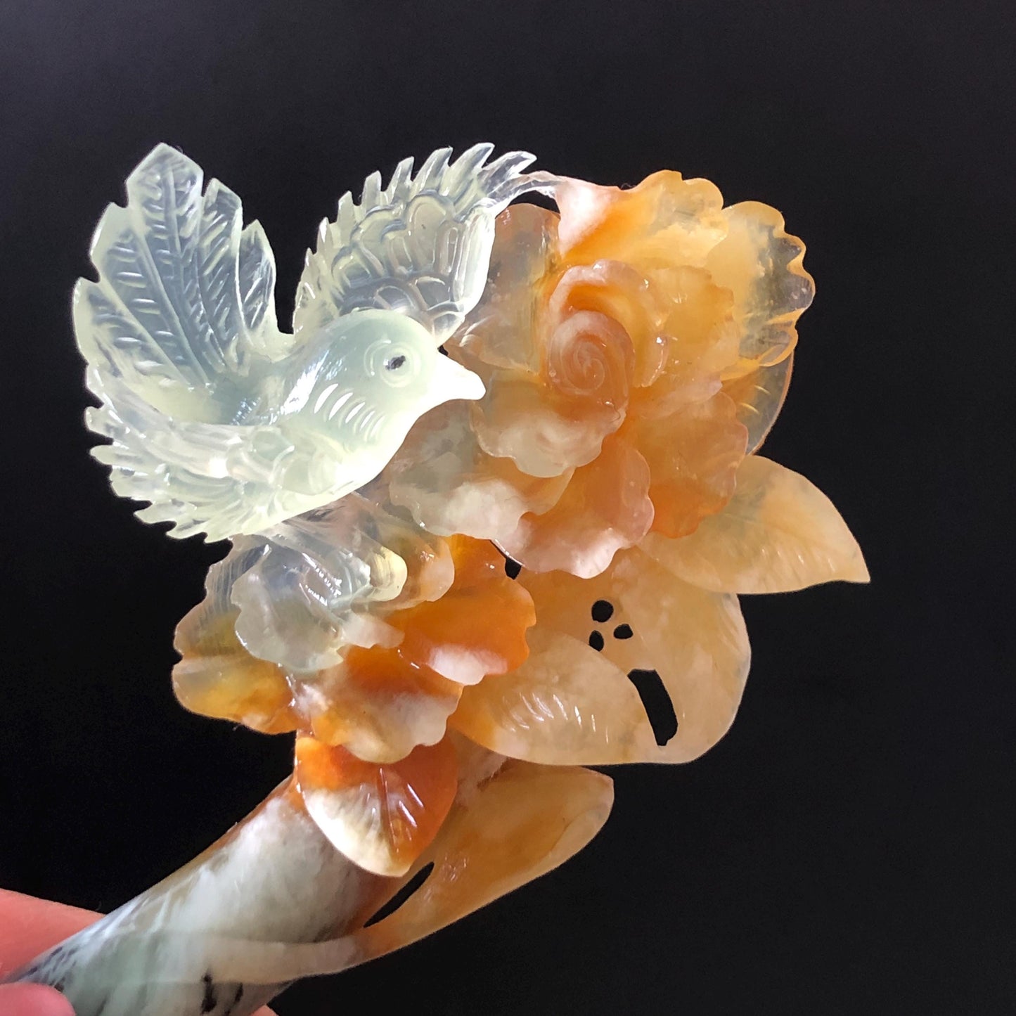 Xiu Jade Bird & Flowers Hand Carved Hair Pin: Certificate Natural multicolor Serpentine Yellow Orange White Green Jade Hair Stick 3D stone carving Hair Jewelry Asian Chinese Vintage Style Gift for her white jade green jade carving yellow jade orange jade bird carving flower carving hand carved jade hand engraved bird certificate certified untreated jade korean hairpin japanese hair stick chinese hair comb vinatge hair fork multicolor jade bird lover gift hair claw hair crown