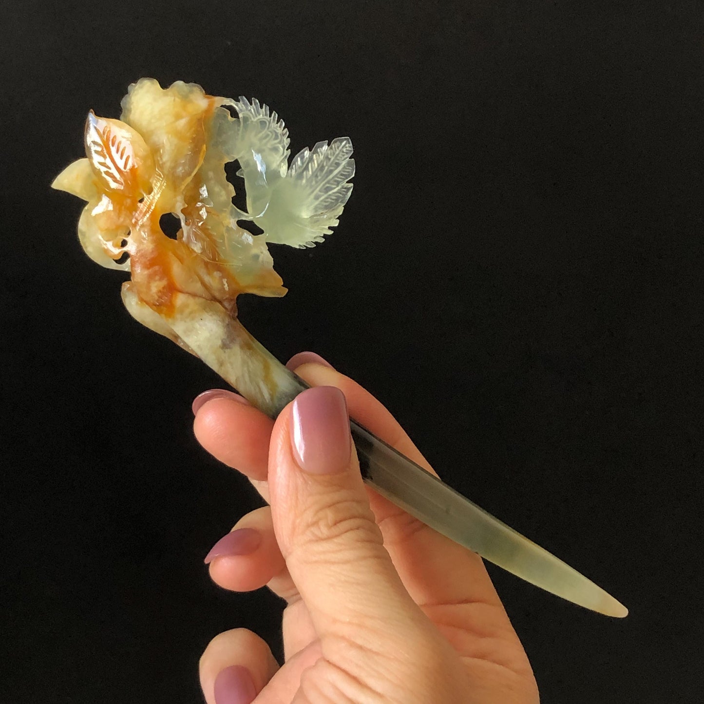 Xiu Jade Bird & Flowers Hand Carved Hair Pin: Certificate Natural multicolor Serpentine Yellow Orange White Green Jade Hair Stick 3D stone carving Hair Jewelry Asian Chinese Vintage Style Gift for her white jade green jade carving yellow jade orange jade bird carving flower carving hand carved jade hand engraved bird certificate certified untreated jade korean hairpin japanese hair stick chinese hair comb vinatge hair fork multicolor jade bird lover gift hair claw hair crown