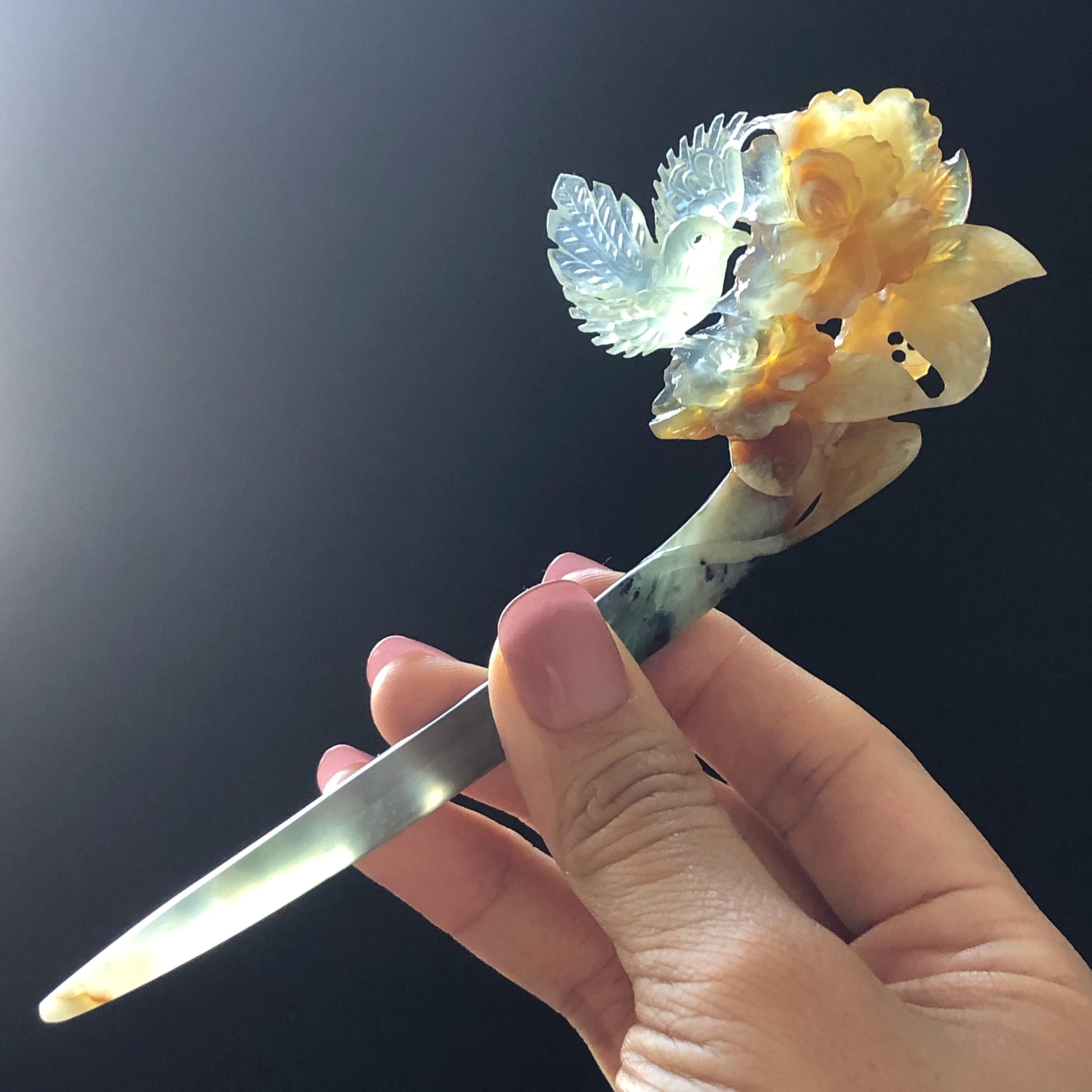 Xiu Jade Bird & Flowers Hand Carved Hair Pin: Certificate Natural multicolor Serpentine Yellow Orange White Green Jade Hair Stick 3D stone carving Hair Jewelry Asian Chinese Vintage Style Gift for her white jade green jade carving yellow jade orange jade bird carving flower carving hand carved jade hand engraved bird certificate certified untreated jade korean hairpin japanese hair stick chinese hair comb vinatge hair fork multicolor jade bird lover gift hair claw hair crown