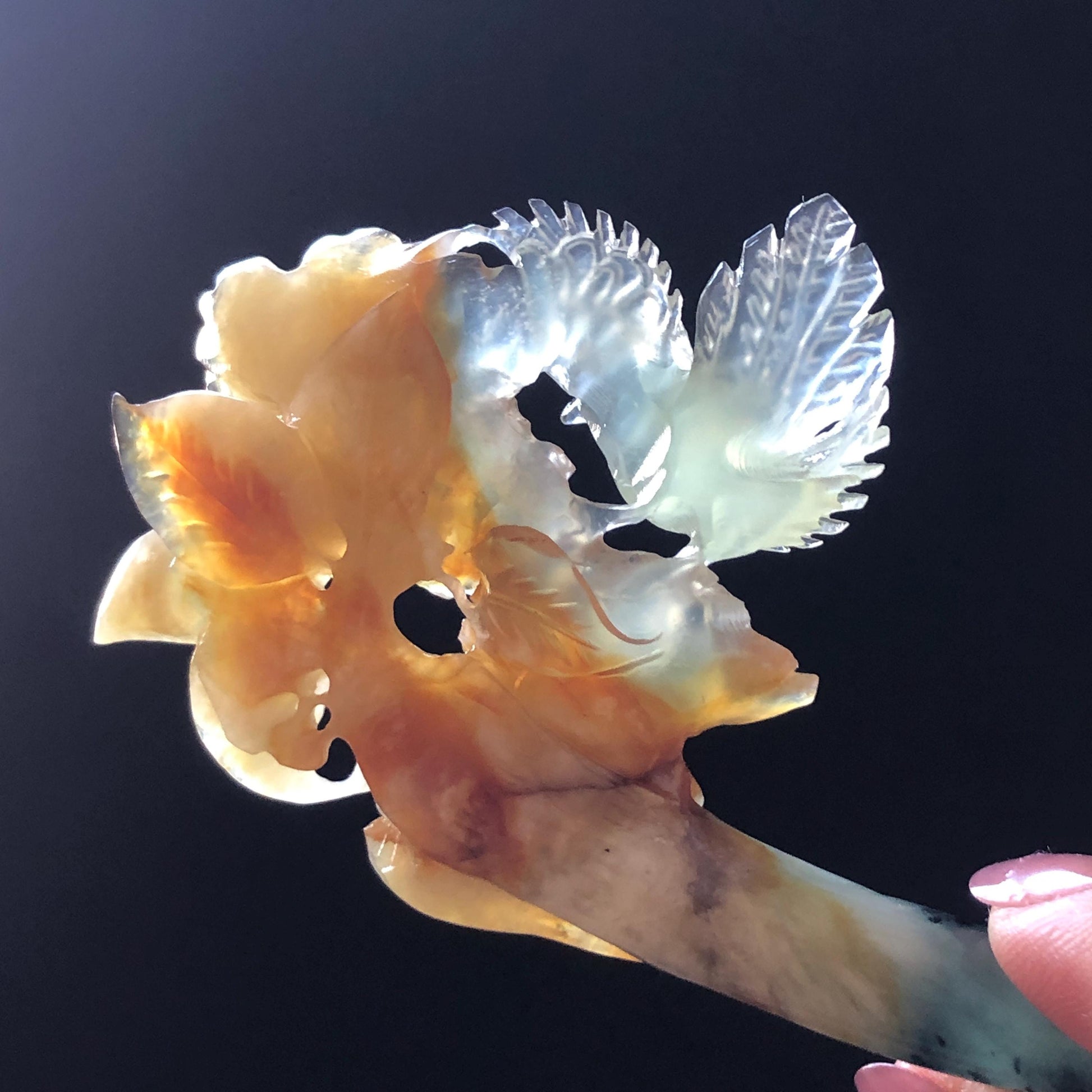 Xiu Jade Bird & Flowers Hand Carved Hair Pin: Certificate Natural multicolor Serpentine Yellow Orange White Green Jade Hair Stick 3D stone carving Hair Jewelry Asian Chinese Vintage Style Gift for her white jade green jade carving yellow jade orange jade bird carving flower carving hand carved jade hand engraved bird certificate certified untreated jade korean hairpin japanese hair stick chinese hair comb vinatge hair fork multicolor jade bird lover gift hair claw hair crown