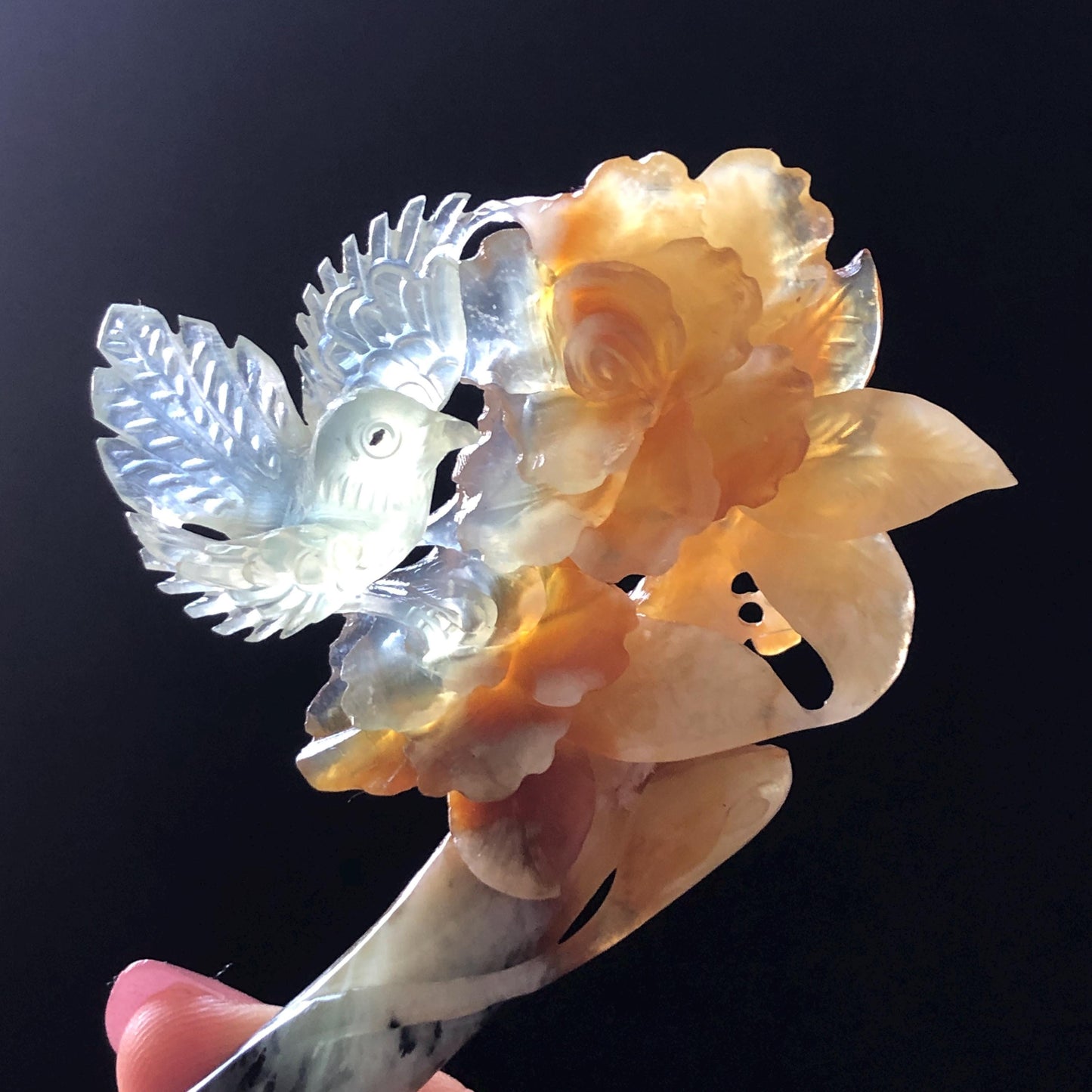 Xiu Jade Bird & Flowers Hand Carved Hair Pin: Certificate Natural multicolor Serpentine Yellow Orange White Green Jade Hair Stick 3D stone carving Hair Jewelry Asian Chinese Vintage Style Gift for her white jade green jade carving yellow jade orange jade bird carving flower carving hand carved jade hand engraved bird certificate certified untreated jade korean hairpin japanese hair stick chinese hair comb vinatge hair fork multicolor jade bird lover gift hair claw hair crown