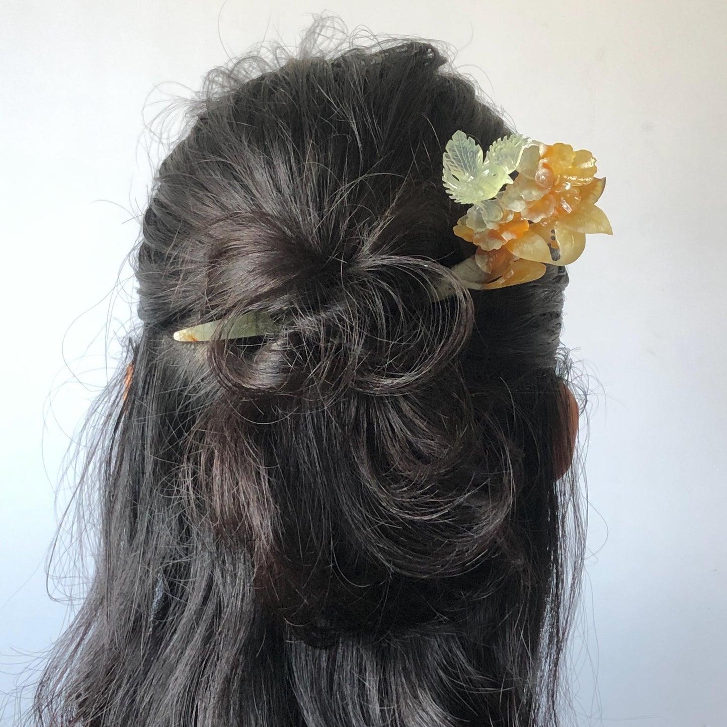 Xiu Jade Bird & Flowers Hand Carved Hair Pin: Certificate Natural multicolor Serpentine Yellow Orange White Green Jade Hair Stick 3D stone carving Hair Jewelry Asian Chinese Vintage Style Gift for her white jade green jade carving yellow jade orange jade bird carving flower carving hand carved jade hand engraved bird certificate certified untreated jade korean hairpin japanese hair stick chinese hair comb vinatge hair fork multicolor jade bird lover gift hair claw hair crown