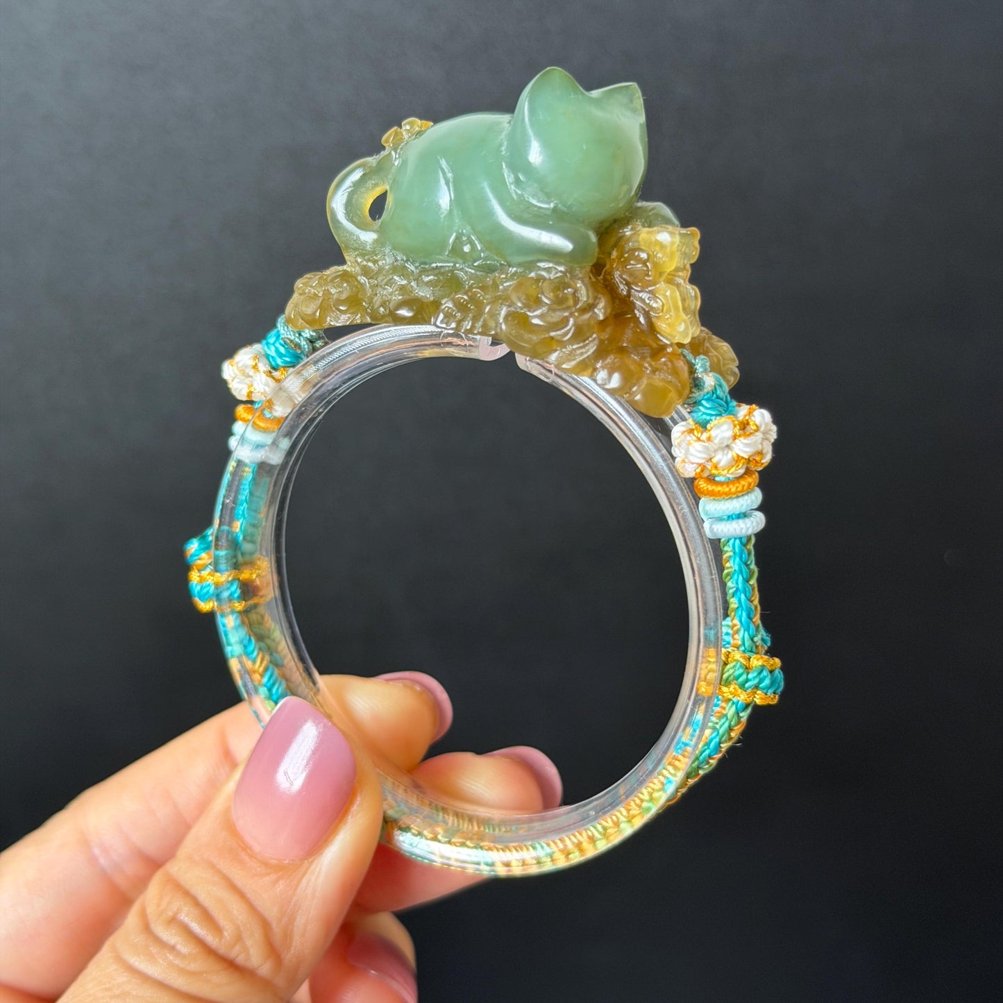 Xiu Jade Serpentine Hand Carved Bird & Butterfly with Flower Charm Braided Bracelet: Natural Green and Yellow Jade Adjustable Bracelet 3D Stone Carving  adjustable bracelet woven bracelet rope 3D jade carving green jade yellow jade multicolour jade natural untreated jade handcrafted charm bead bracelet handmade bracelet butterfly carving flower carving hand engraved charm chinese braided bracelet vintage bracelet antique bracelet lucky rope cat lover gift birthday gift handcrafted bracelet