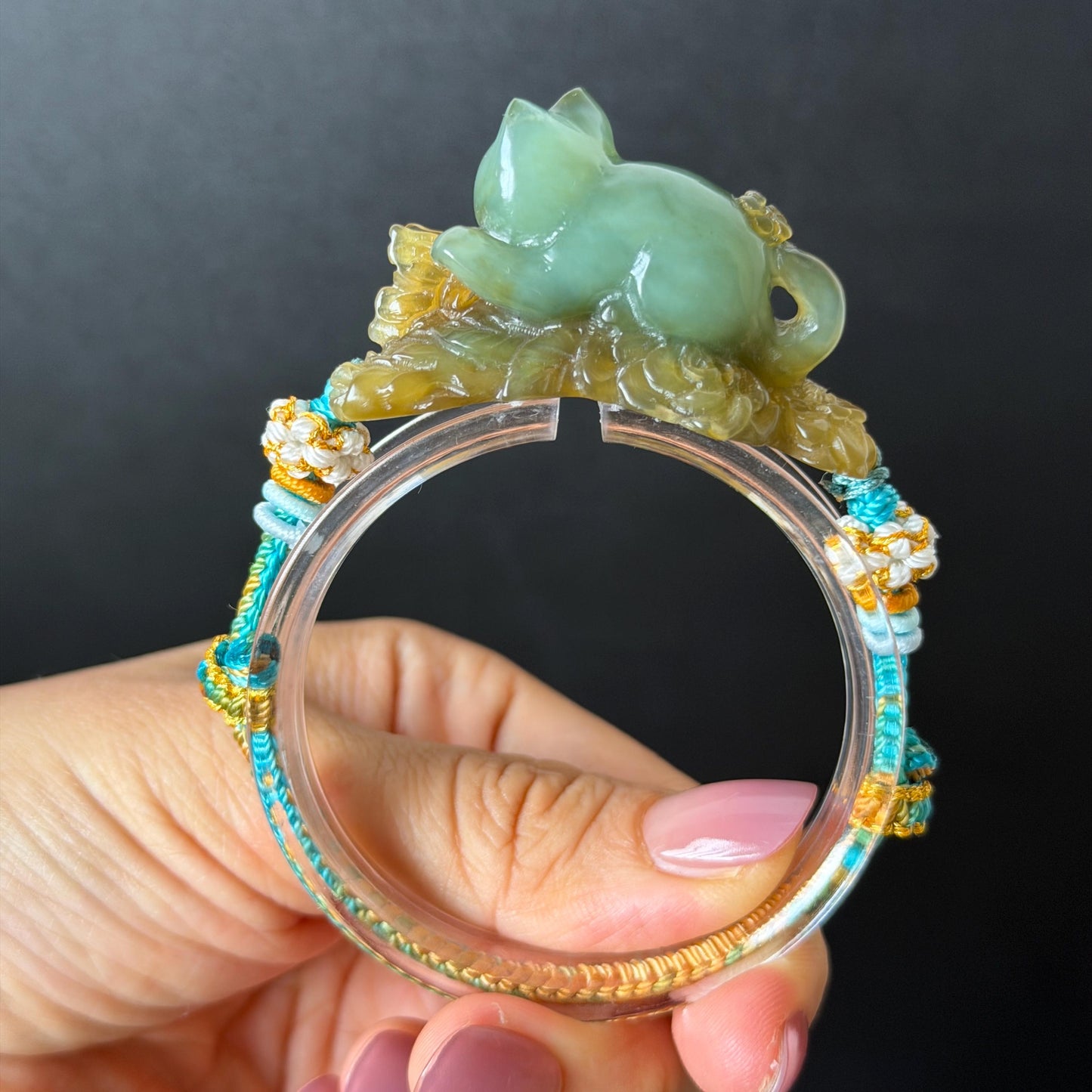 Xiu Jade Serpentine Hand Carved Bird & Butterfly with Flower Charm Braided Bracelet: Natural Green and Yellow Jade Adjustable Bracelet 3D Stone Carving  adjustable bracelet woven bracelet rope 3D jade carving green jade yellow jade multicolour jade natural untreated jade handcrafted charm bead bracelet handmade bracelet butterfly carving flower carving hand engraved charm chinese braided bracelet vintage bracelet antique bracelet lucky rope cat lover gift birthday gift handcrafted bracelet