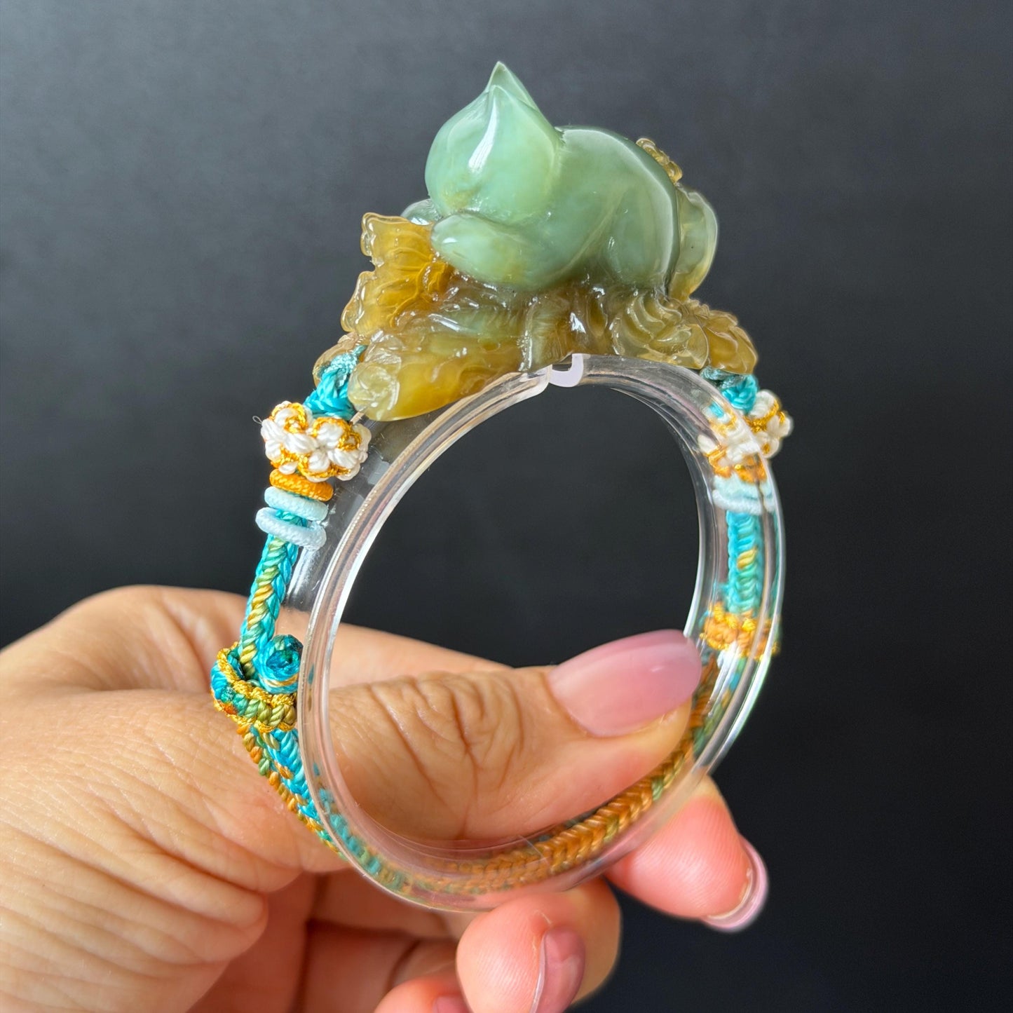Xiu Jade Serpentine Hand Carved Bird & Butterfly with Flower Charm Braided Bracelet: Natural Green and Yellow Jade Adjustable Bracelet 3D Stone Carving  adjustable bracelet woven bracelet rope 3D jade carving green jade yellow jade multicolour jade natural untreated jade handcrafted charm bead bracelet handmade bracelet butterfly carving flower carving hand engraved charm chinese braided bracelet vintage bracelet antique bracelet lucky rope cat lover gift birthday gift handcrafted bracelet