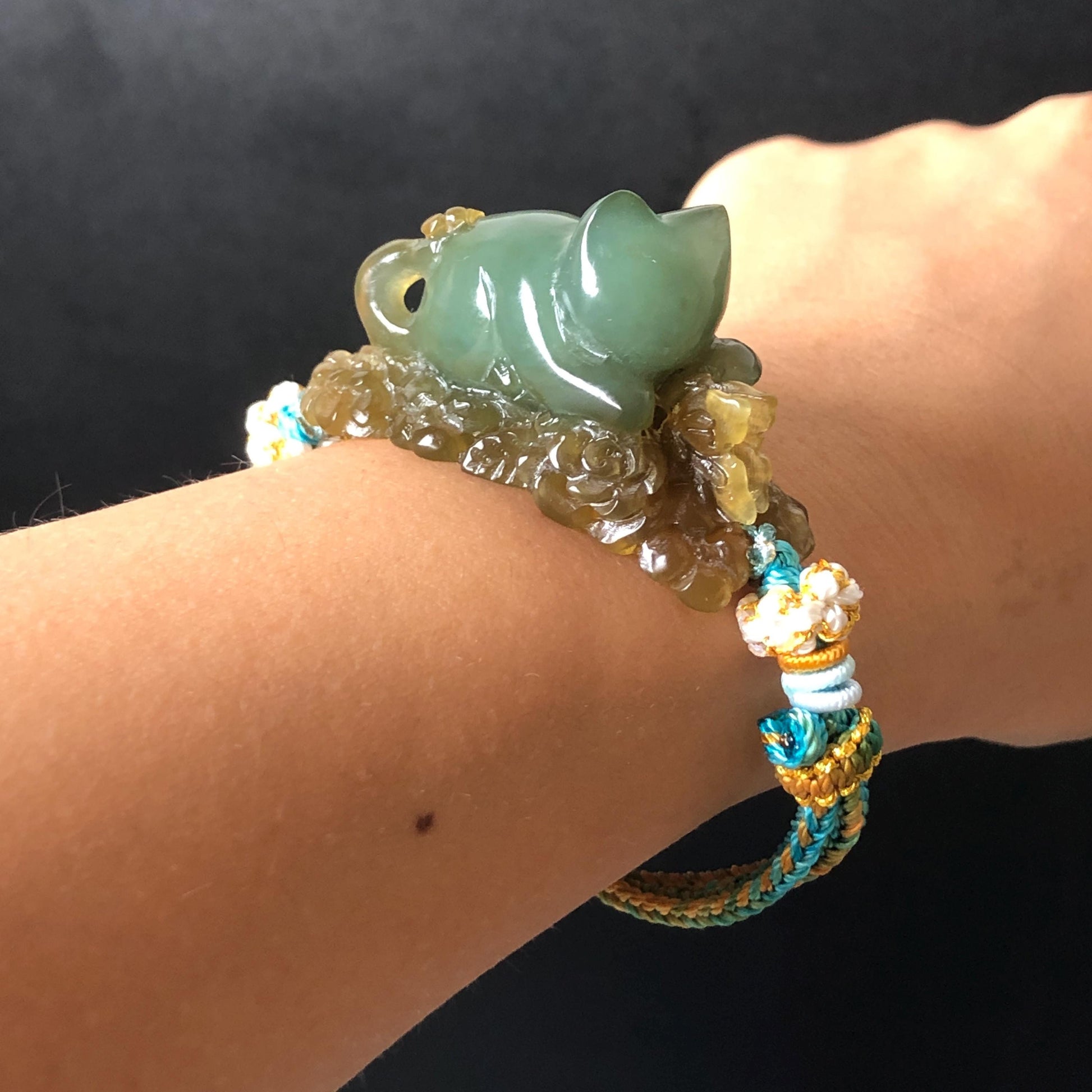 Xiu Jade Serpentine Hand Carved Bird & Butterfly with Flower Charm Braided Bracelet: Natural Green and Yellow Jade Adjustable Bracelet 3D Stone Carving  adjustable bracelet woven bracelet rope 3D jade carving green jade yellow jade multicolour jade natural untreated jade handcrafted charm bead bracelet handmade bracelet butterfly carving flower carving hand engraved charm chinese braided bracelet vintage bracelet antique bracelet lucky rope cat lover gift birthday gift handcrafted bracelet