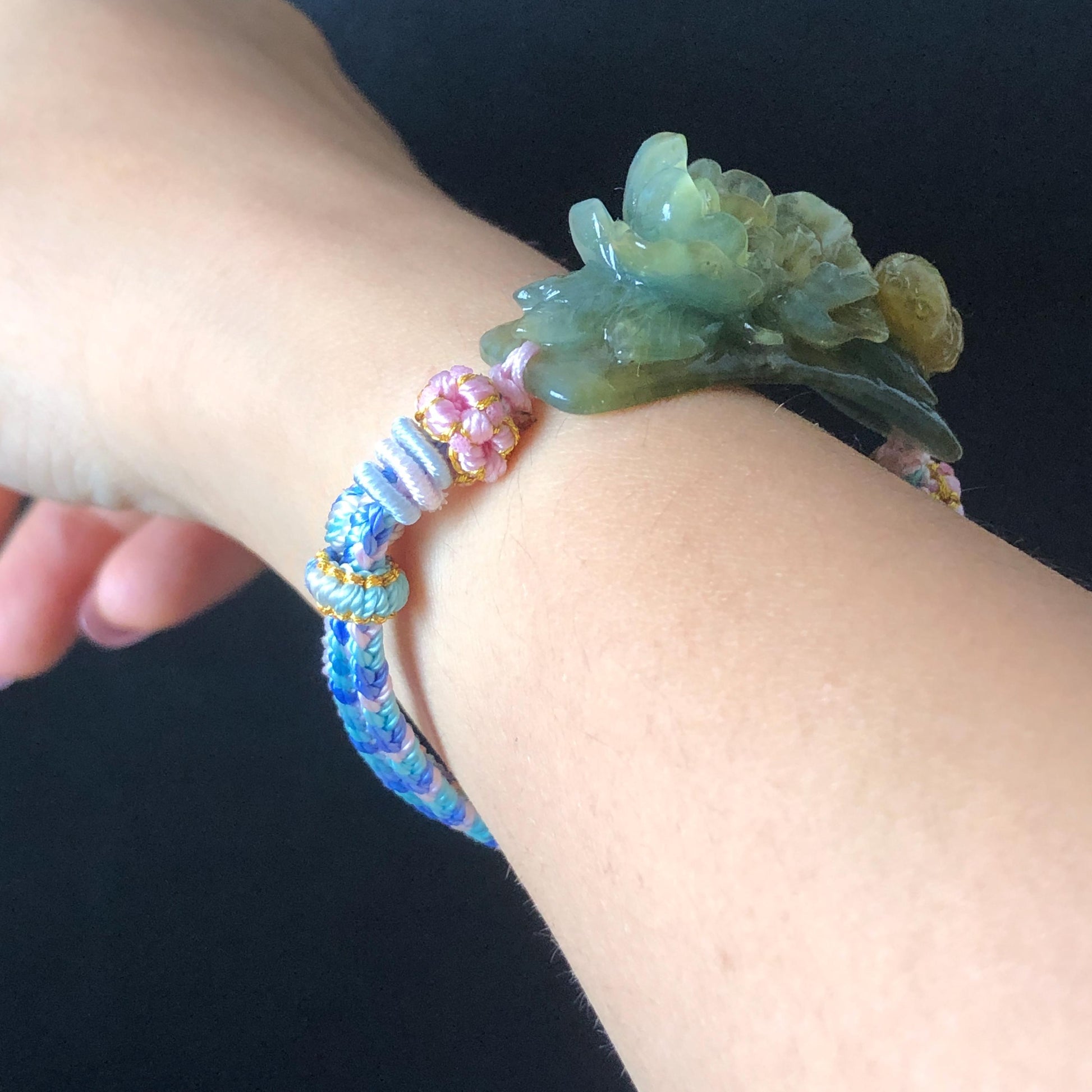 Natural Xiu Jade Serpentine Hand Carved Bird & Flower Charm Braided Bracelet: Green and Yellow Jade Adjustable Bracelet 3D Stone Carving adjustable bracelet woven bracelet rope 3D jade carving green jade yellow jade multicolour jade natural untreated jade handcrafted charm bead bracelet handmade bracelet bird carving flower carving hand engraved charm chinese braided bracelet vintage bracelet antique bracelet lucky rope peony carving