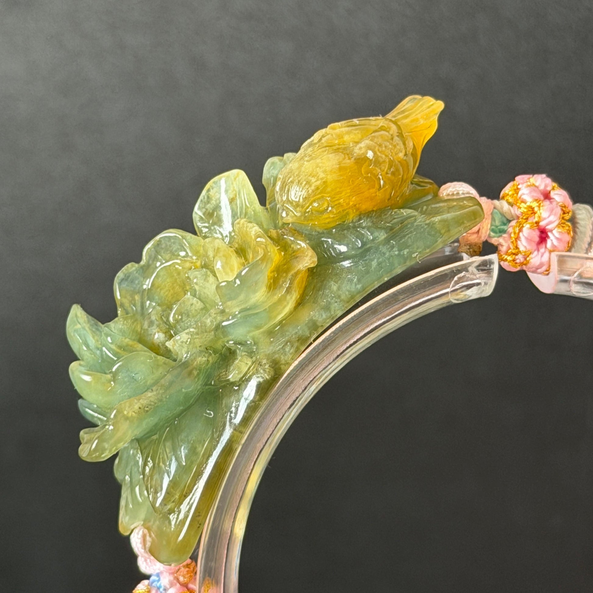 Natural Xiu Jade Serpentine Hand Carved Bird & Flower Charm Braided Bracelet: Green and Yellow Jade Adjustable Bracelet 3D Stone Carving adjustable bracelet woven bracelet rope 3D jade carving green jade yellow jade multicolour jade natural untreated jade handcrafted charm bead bracelet handmade bracelet bird carving flower carving hand engraved charm chinese braided bracelet vintage bracelet antique bracelet lucky rope peony carving