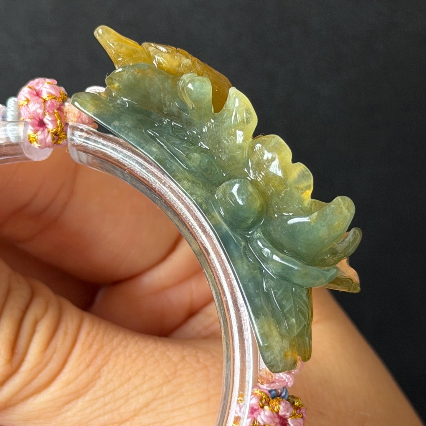 Natural Xiu Jade Serpentine Hand Carved Bird & Flower Charm Braided Bracelet: Green and Yellow Jade Adjustable Bracelet 3D Stone Carving adjustable bracelet woven bracelet rope 3D jade carving green jade yellow jade multicolour jade natural untreated jade handcrafted charm bead bracelet handmade bracelet bird carving flower carving hand engraved charm chinese braided bracelet vintage bracelet antique bracelet lucky rope peony carving
